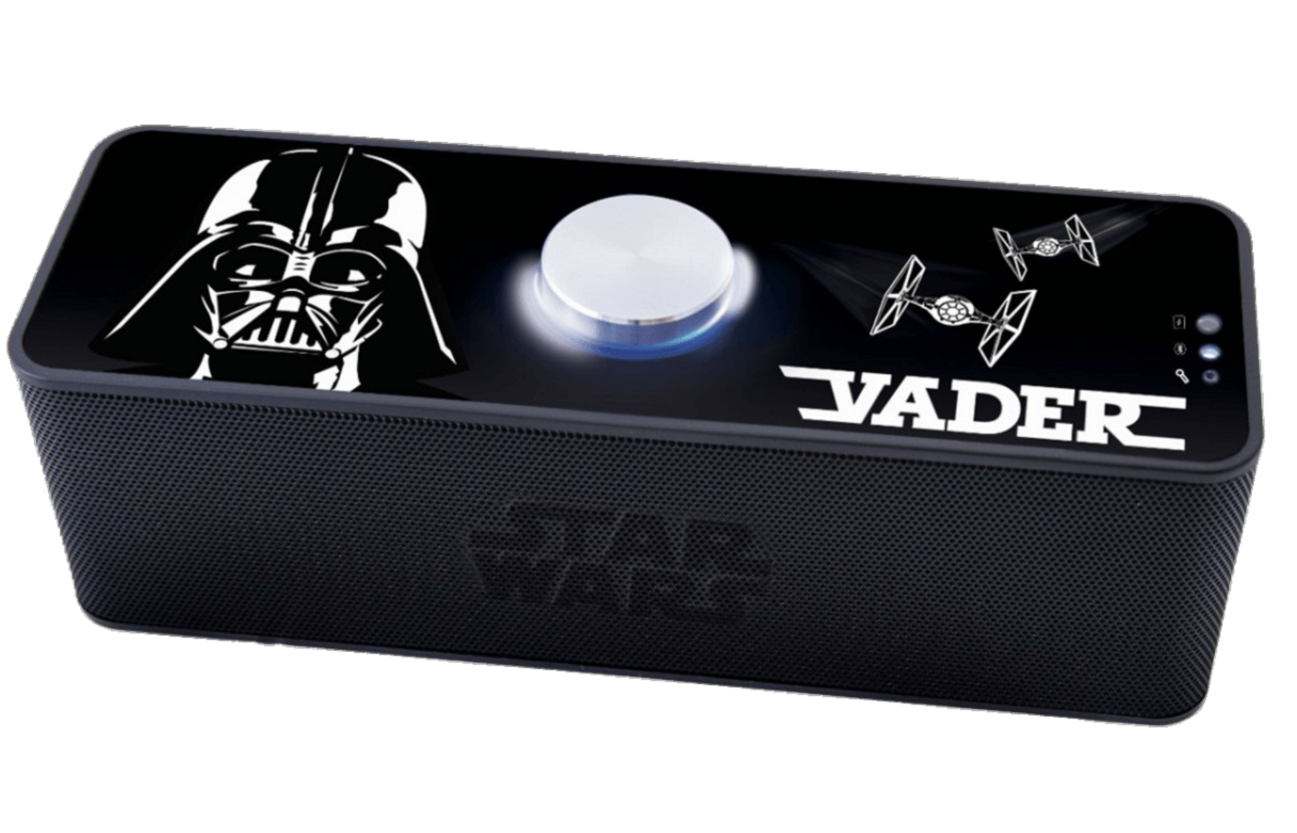 Schwarzer Lautsprecher mit Darth Vader und Star Wars Grafiken. Silberner Knopf und Tie-Jäger.