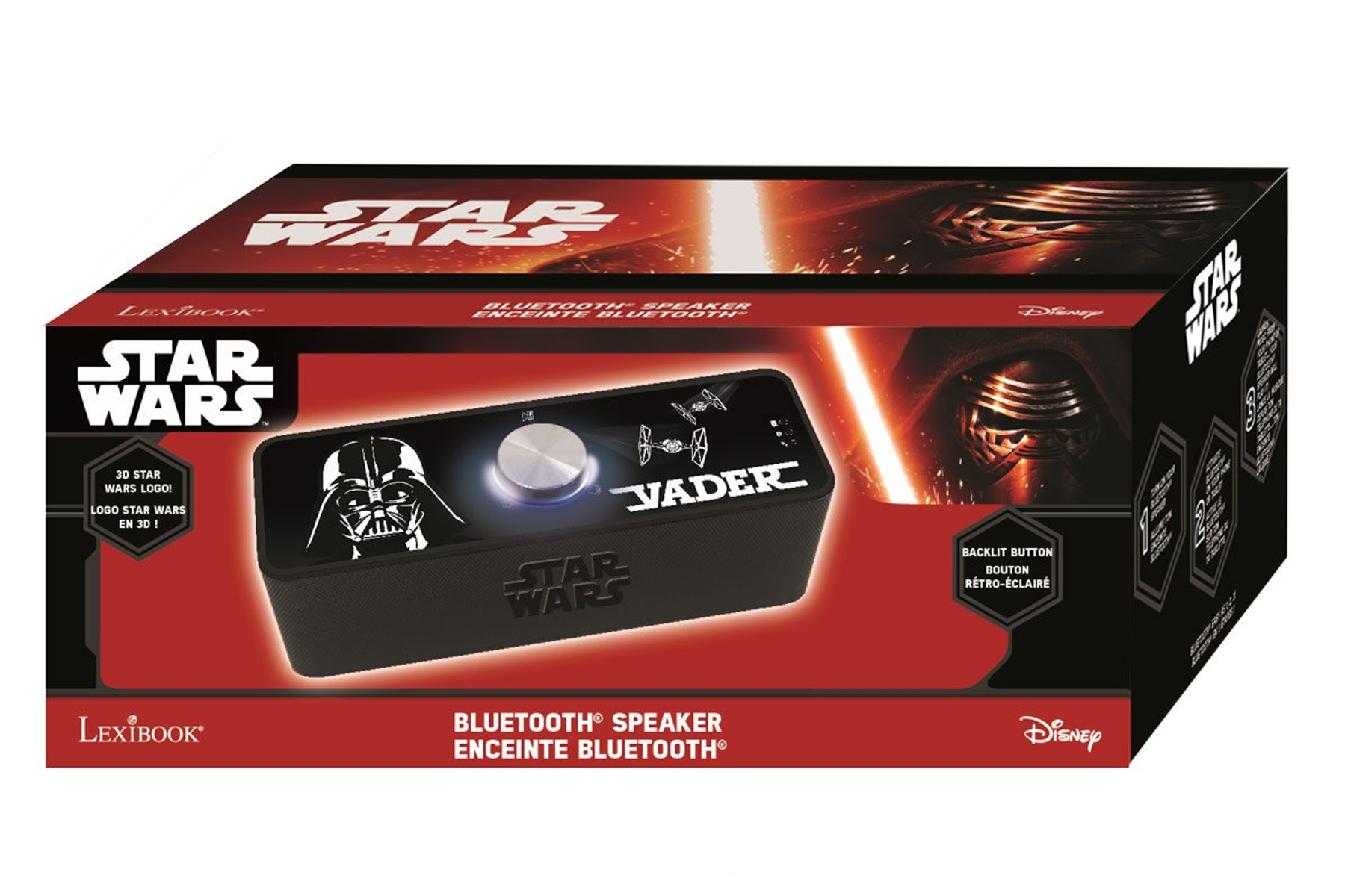 Star Wars Bluetooth-Lautsprecherbox mit Darth Vader-Bild. Box hat Text und Bilder zu Star Wars.