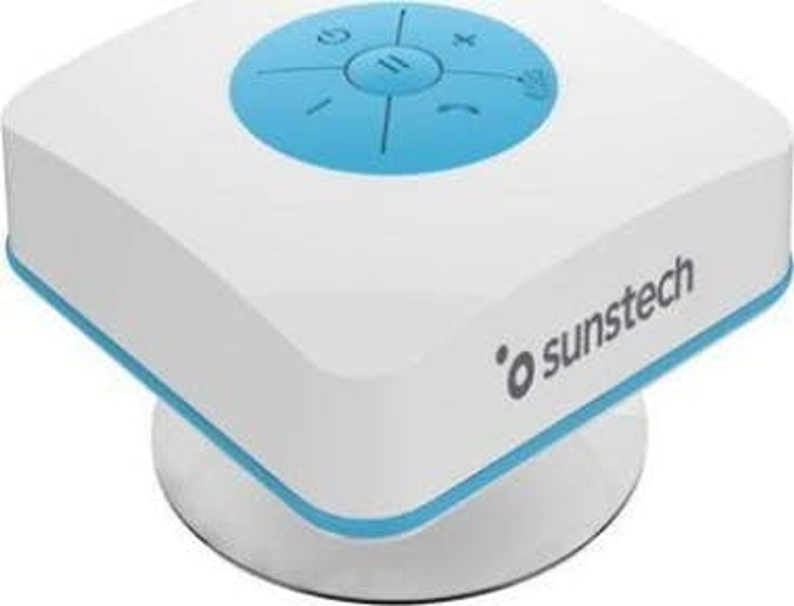 Un altavoz cuadrado blanco y azul con botones en la parte superior. El fondo es blanco.