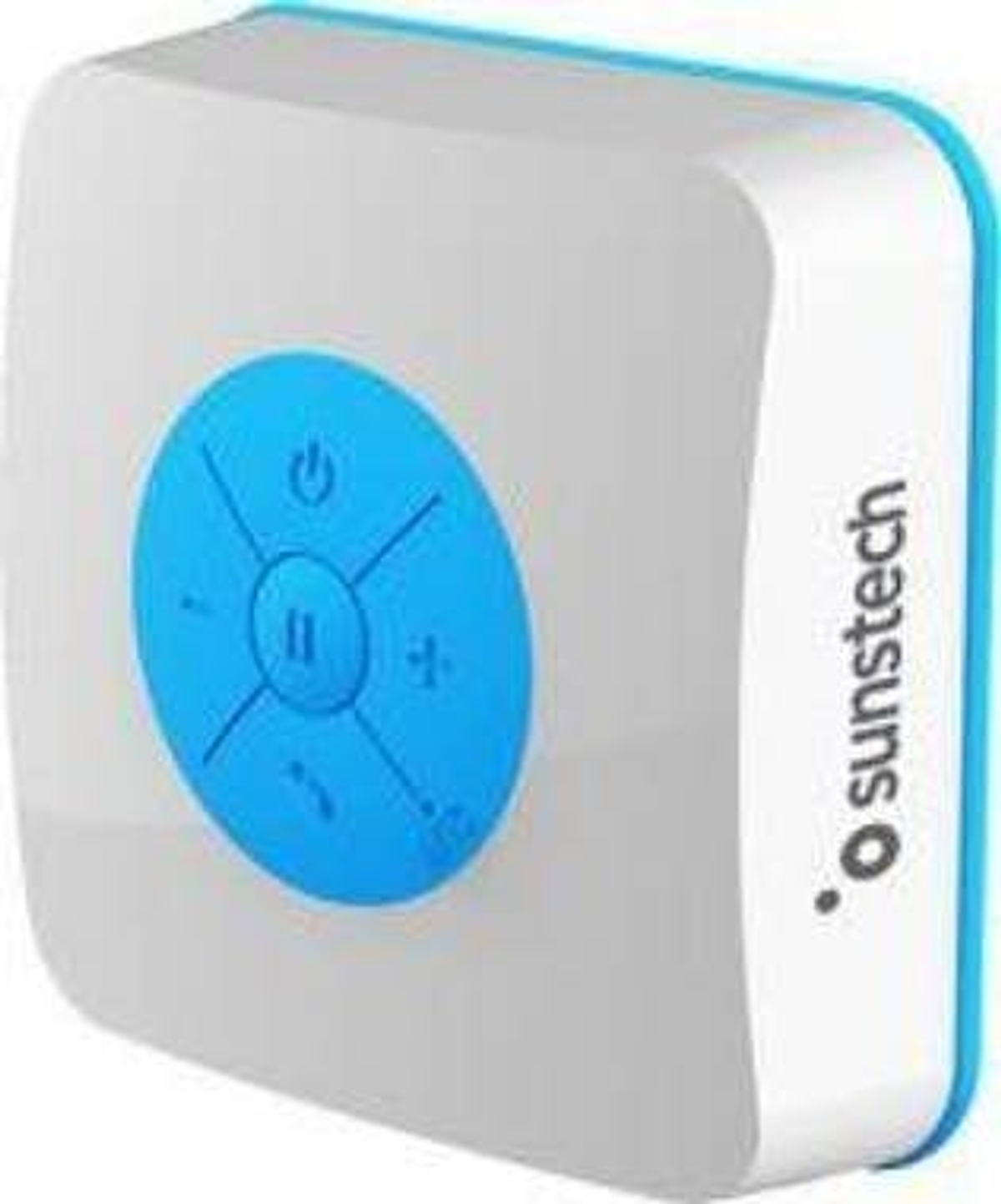 Un altavoz impermeable blanco y azul, con botones azules. La marca es sunstech.