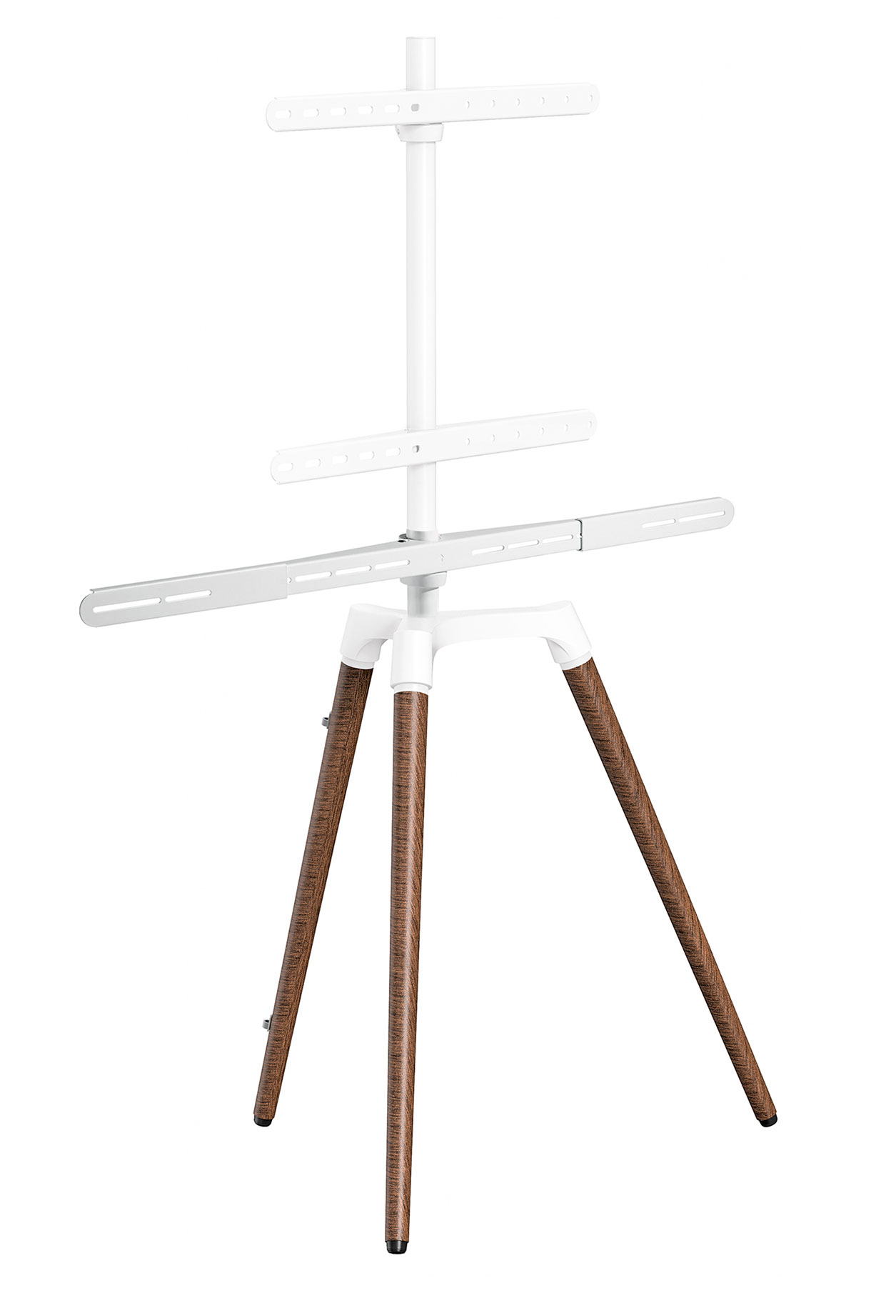Weiße und braune Staffelei mit Holzstativ. Die Oberseite trägt eine weiße Tafel.