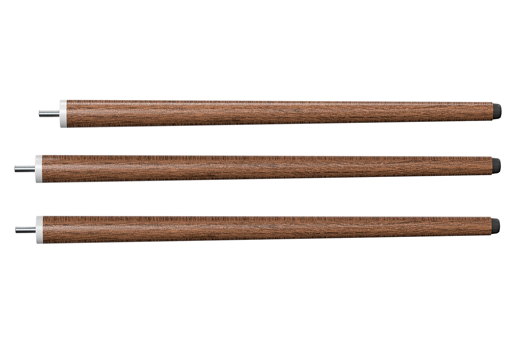 Drei Holzbeine mit Schraube an einem Ende. Die Beine sind braun mit hellem Holzmaserungsmuster.