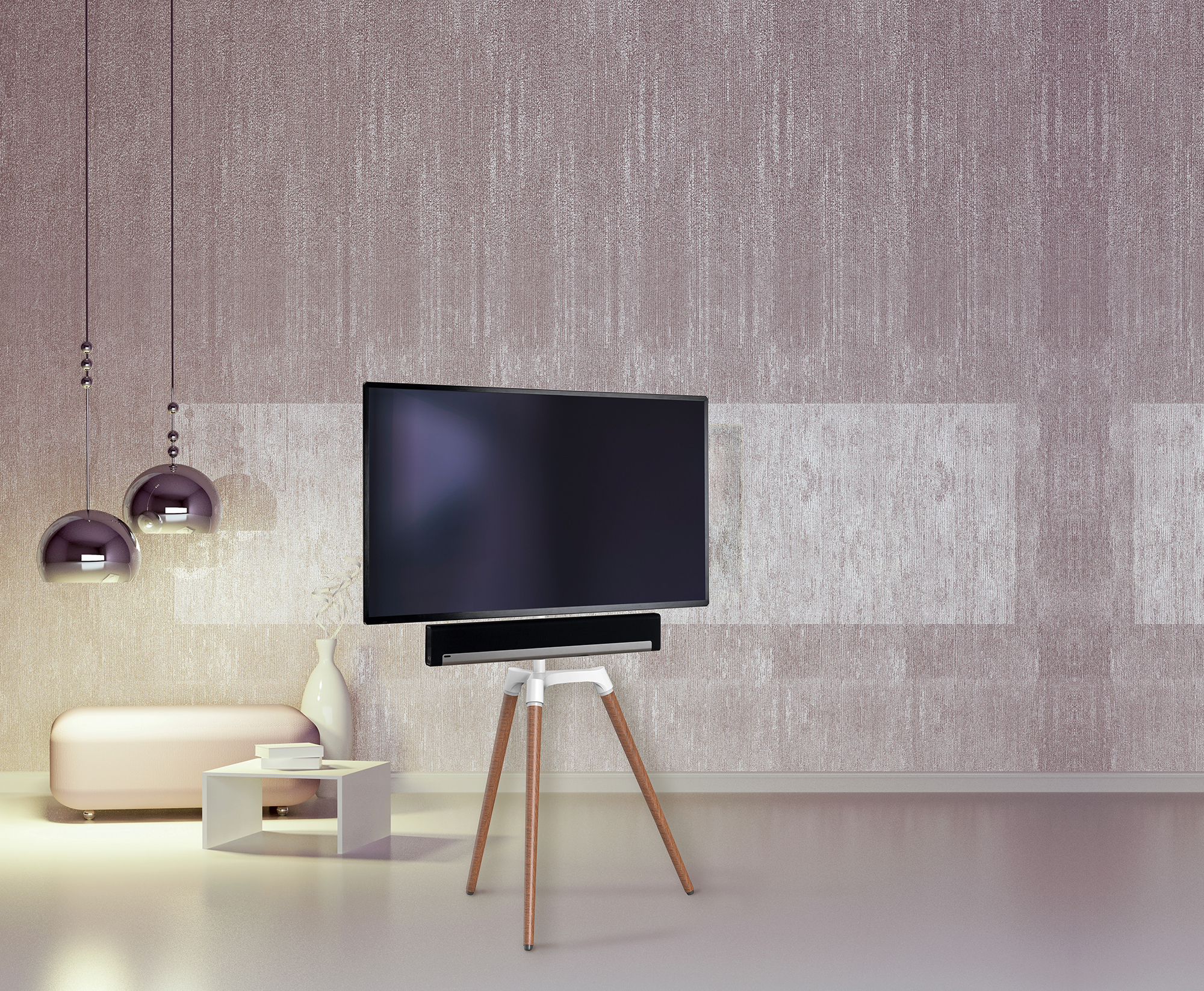 Ein modernes Wohnzimmer mit einem Fernseher auf einem Stativ, einem weißen Tisch und einem rosa Sofa.
