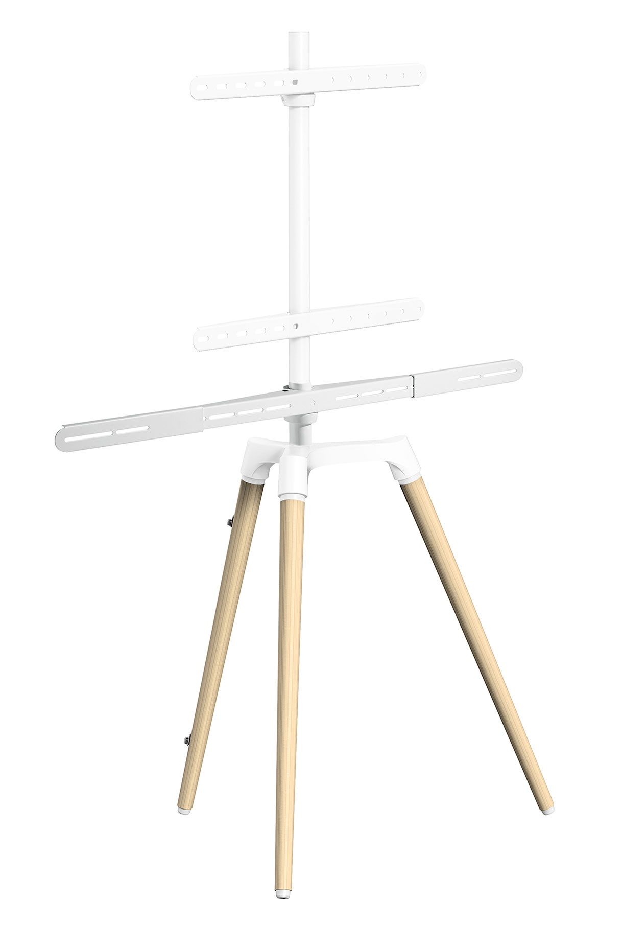 Weißer TV-Ständer mit Holzbeinen. Hält einen Fernseher und hat horizontale Stützstangen.