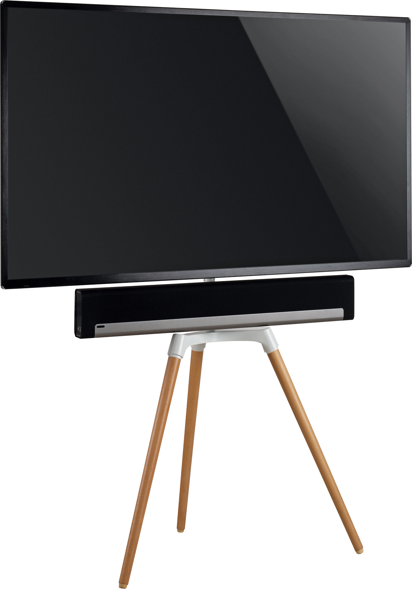 Fernseher auf einem Ständer mit Holzbeinen und einer schwarzen Soundbar unter dem Bildschirm.