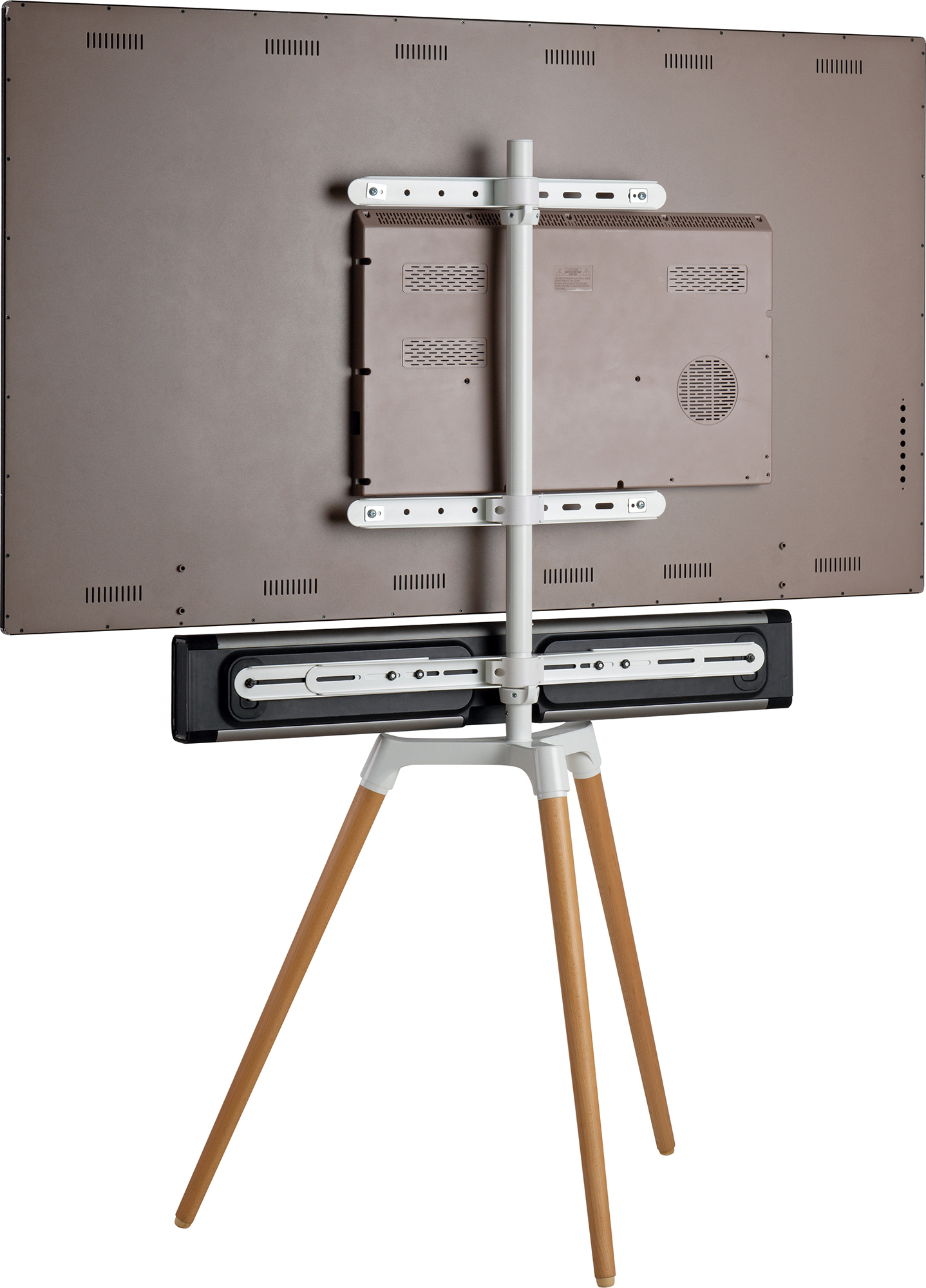 Rückansicht eines Fernsehers auf einem Ständer. Der Ständer hat Holzbeine und einen silbernen Metallrahmen.