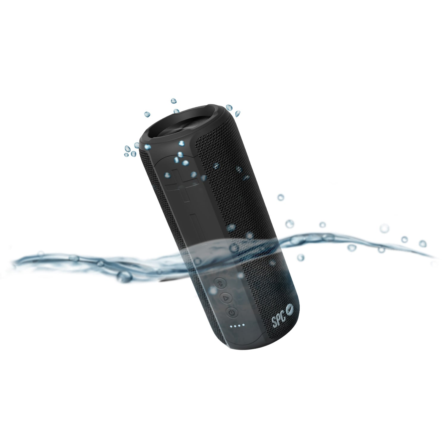 Un altoparlante nero sott'acqua, con bolle d'acqua che lo circondano. L'acqua è limpida. L'altoparlante è scuro.