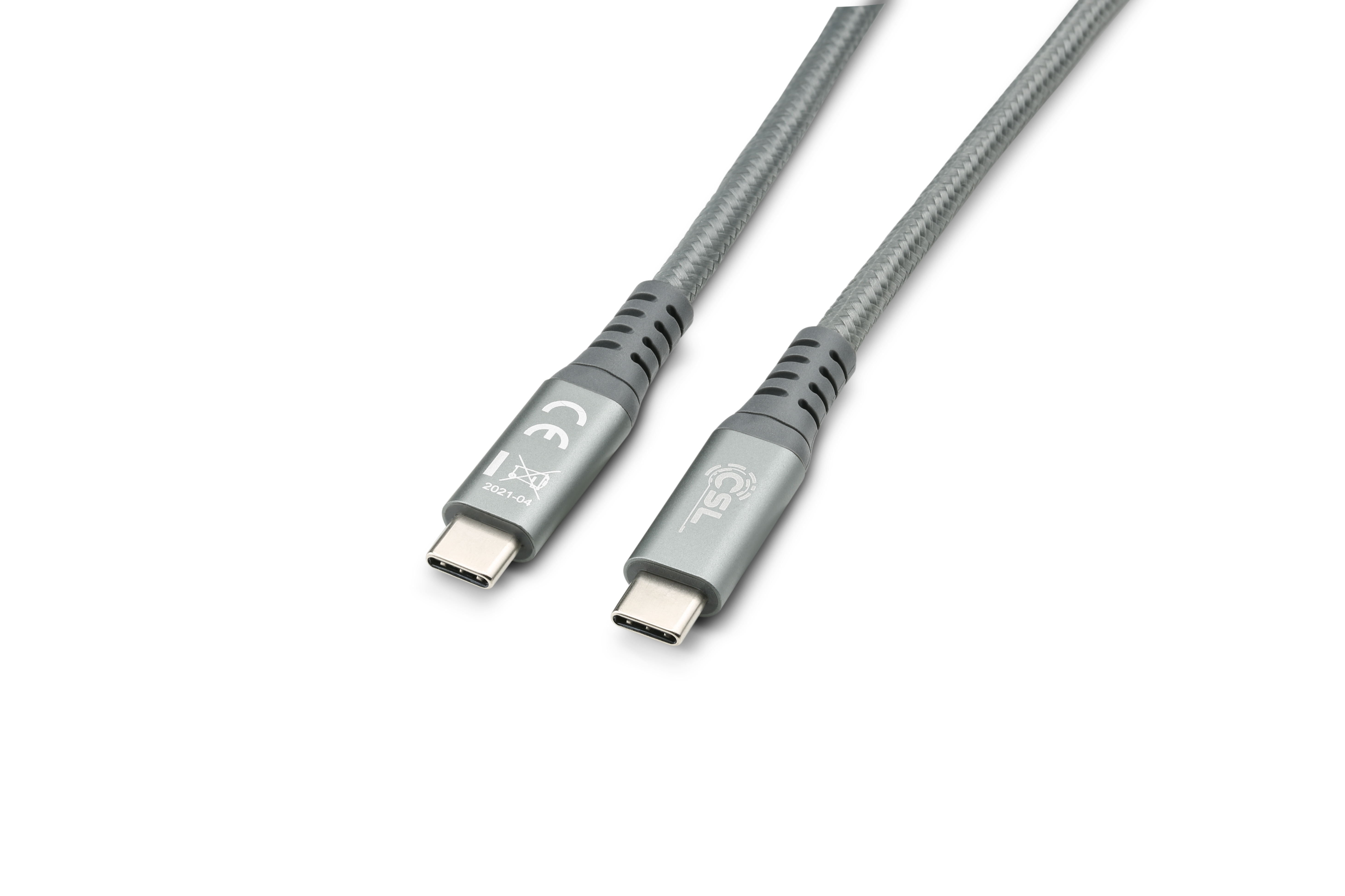 Zwei graue USB-C-Kabel verbunden, abgewinkelt auf schwarzem Untergrund. Die Enden sind sichtbar.