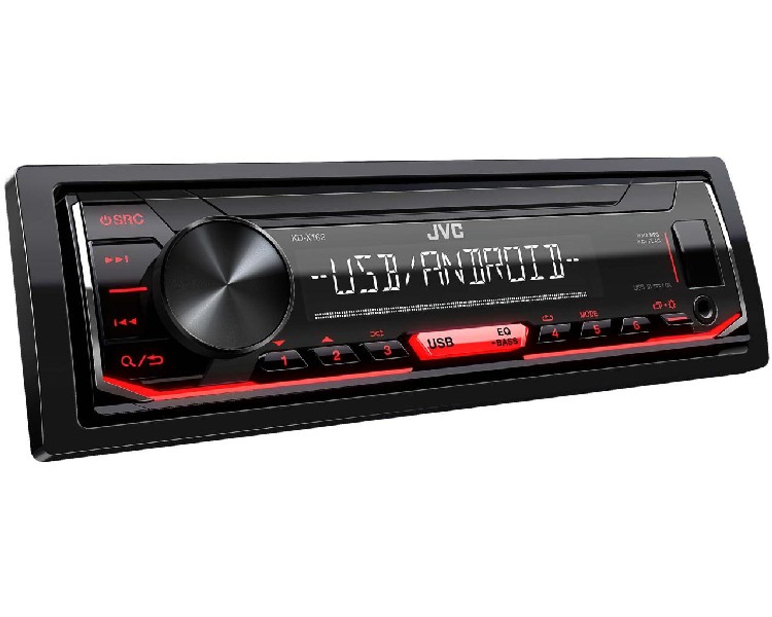 Radio samochodowe z czarnym panelem, czerwonymi akcentami i ekranem wyświetlającym USB/Android.