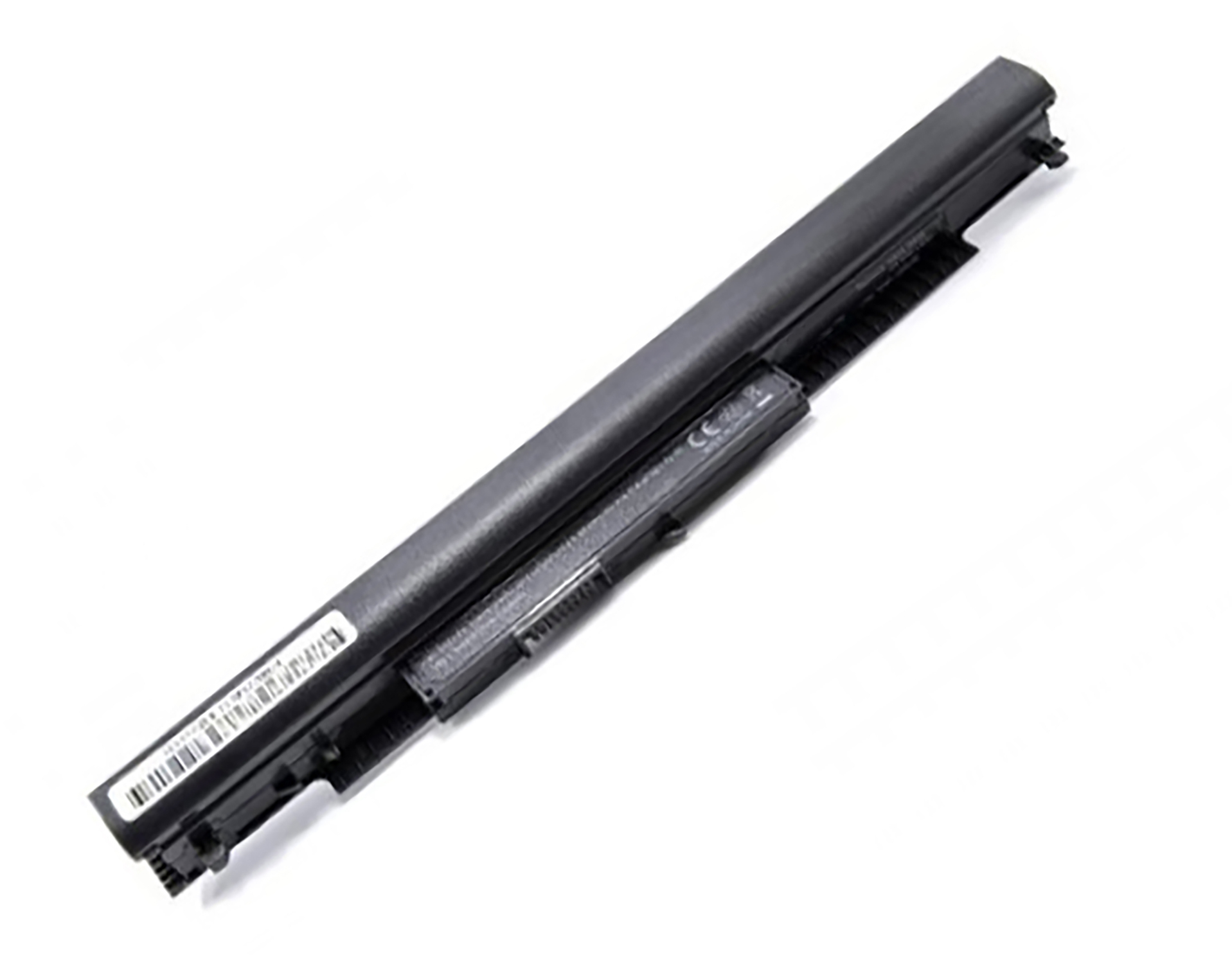 Schwarzer Laptop-Akku auf weißem Hintergrund. Er zeigt die Ober- und Unterseite der Batterie.