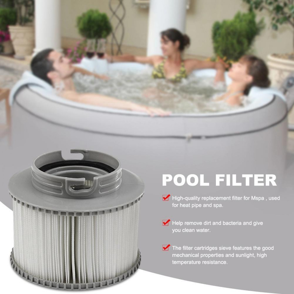 Poolfilter und drei Personen in einem Whirlpool im Hintergrund.