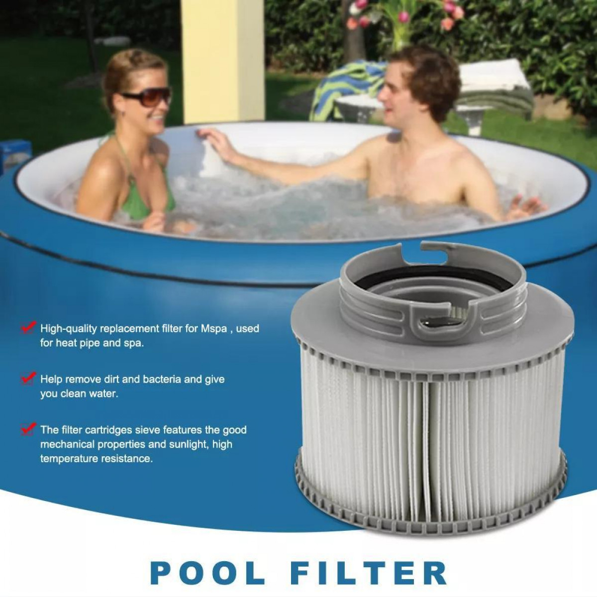 Ein Poolfilter mit Text zum Entfernen von Schmutz und Bakterien. Im Hintergrund sind zwei Personen im Pool.