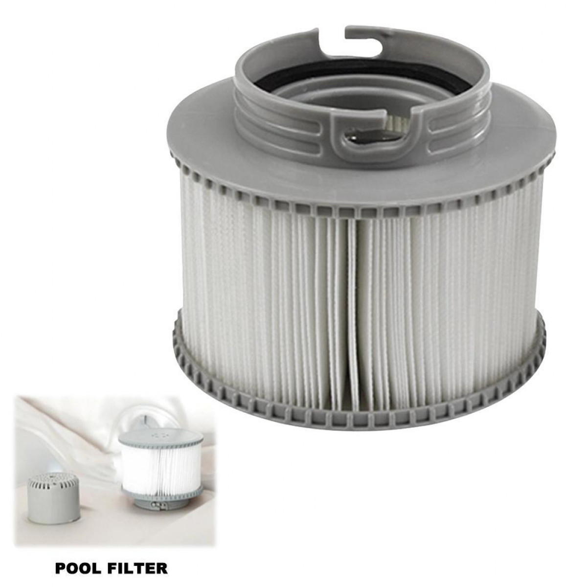 Graue Poolfilterpatrone mit weißem Filtermaterial und eine kleinere.