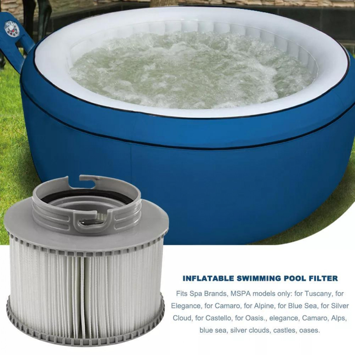 Ein aufblasbarer blauer Whirlpool mit Wasser. Daneben steht ein Filter. Text: Aufblasbarer Schwimmbadfilter