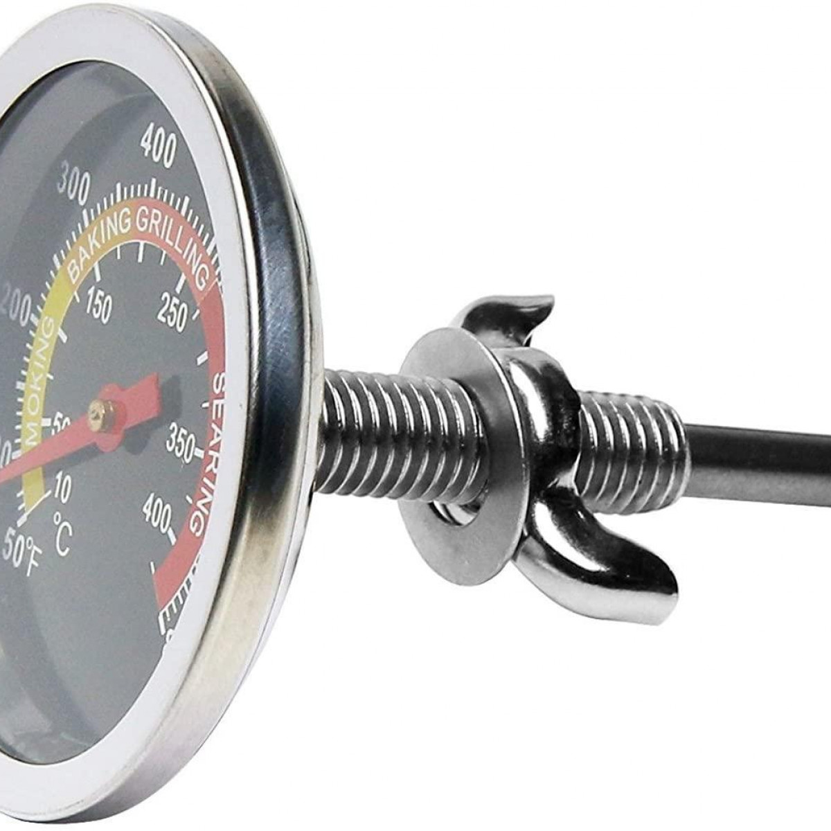 Zbliżenie termometru z tarczą, pokazujące temperatury do wędzenia, pieczenia, grillowania i smażenia.