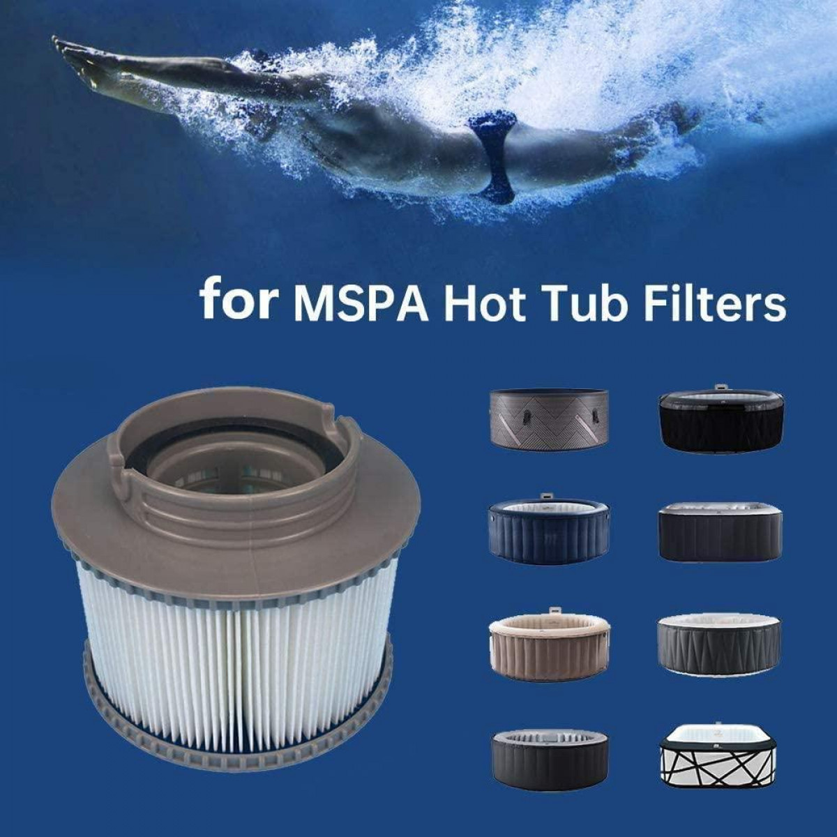 Whirlpoolfilter mit verschiedenen Filterdesigns und eine Person, die im Hintergrund unter Wasser schwimmt.