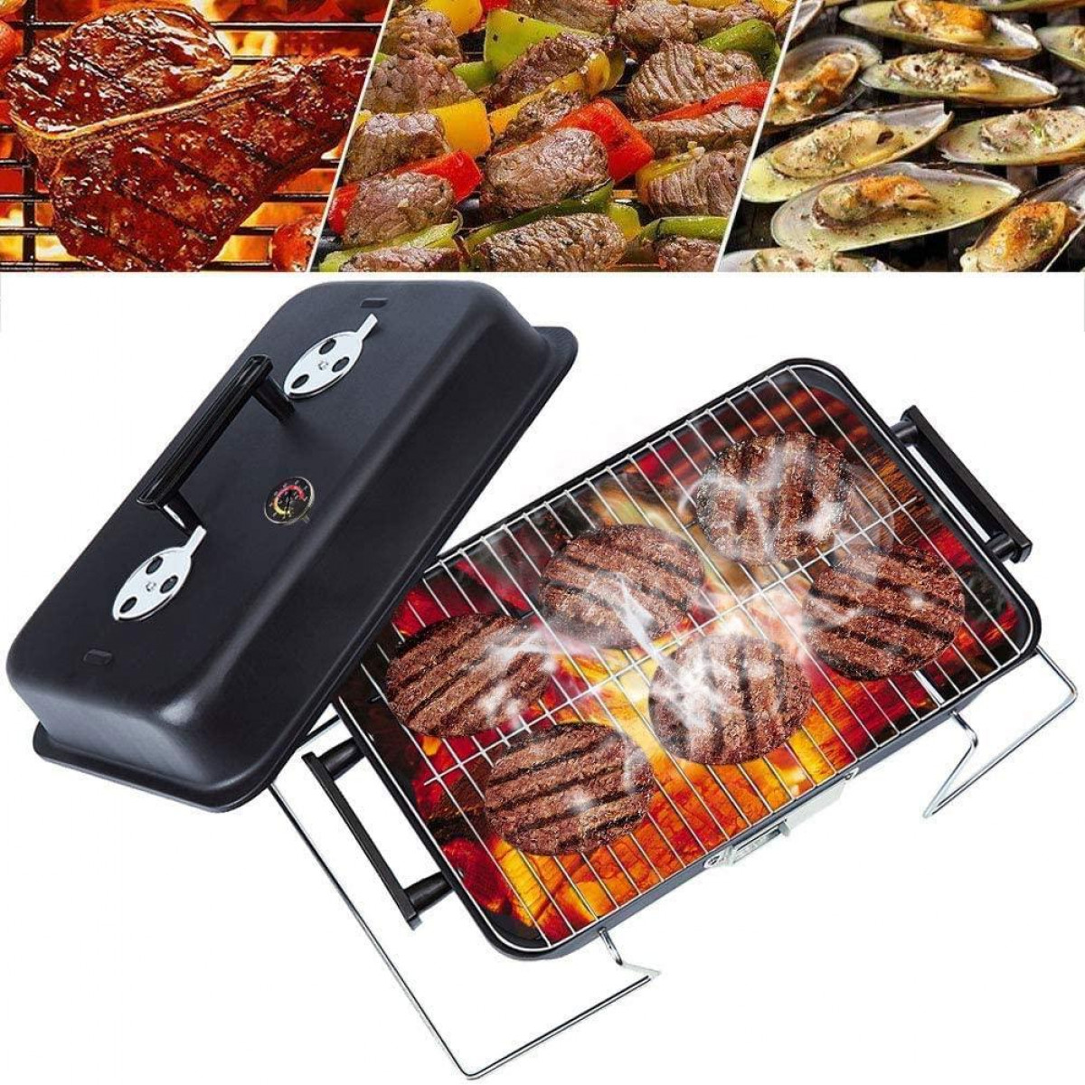 Grill z gotującymi się burgerami, stekiem i innymi potrawami powyżej.