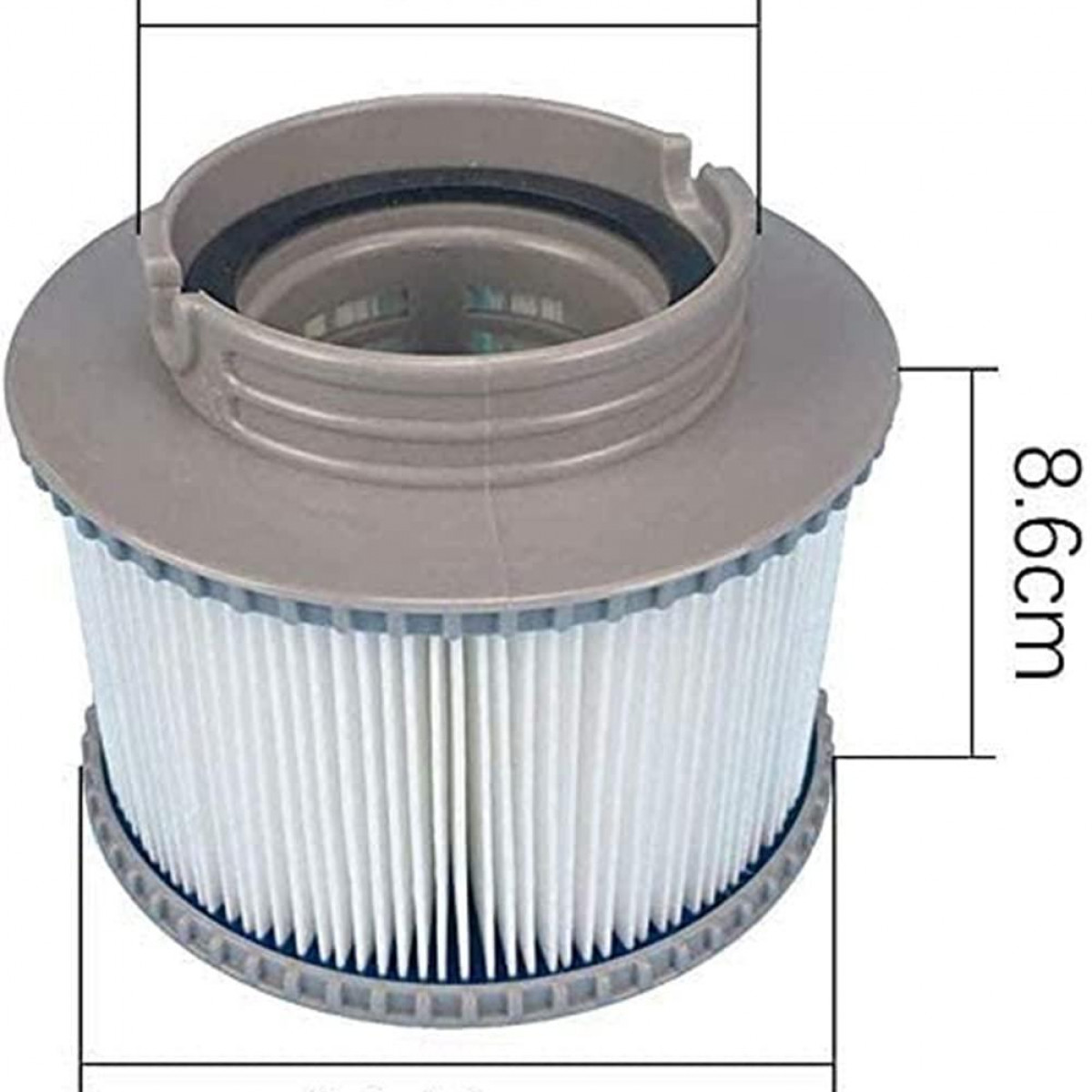 Grauer zylindrischer Filter mit Abmessungen, 8,6 cm Höhe. Weißer Hintergrund.