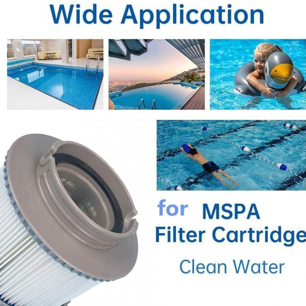 Filterkartusche mit Poolszenen und Text für MSPA Filterkartusche.