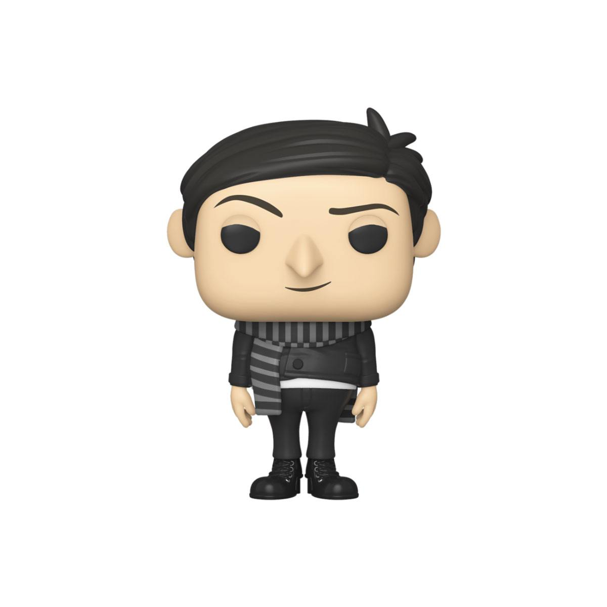 Funko Pop Figur eines Mannes mit schwarzen Haaren und gestreiftem Schal. Weißer Hintergrund.