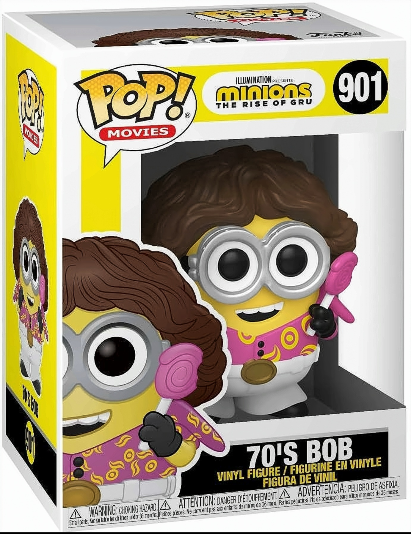 Schachtel einer Minions Bob-Figur. Bob ist gelb, trägt Rosa und hält einen Lolli.