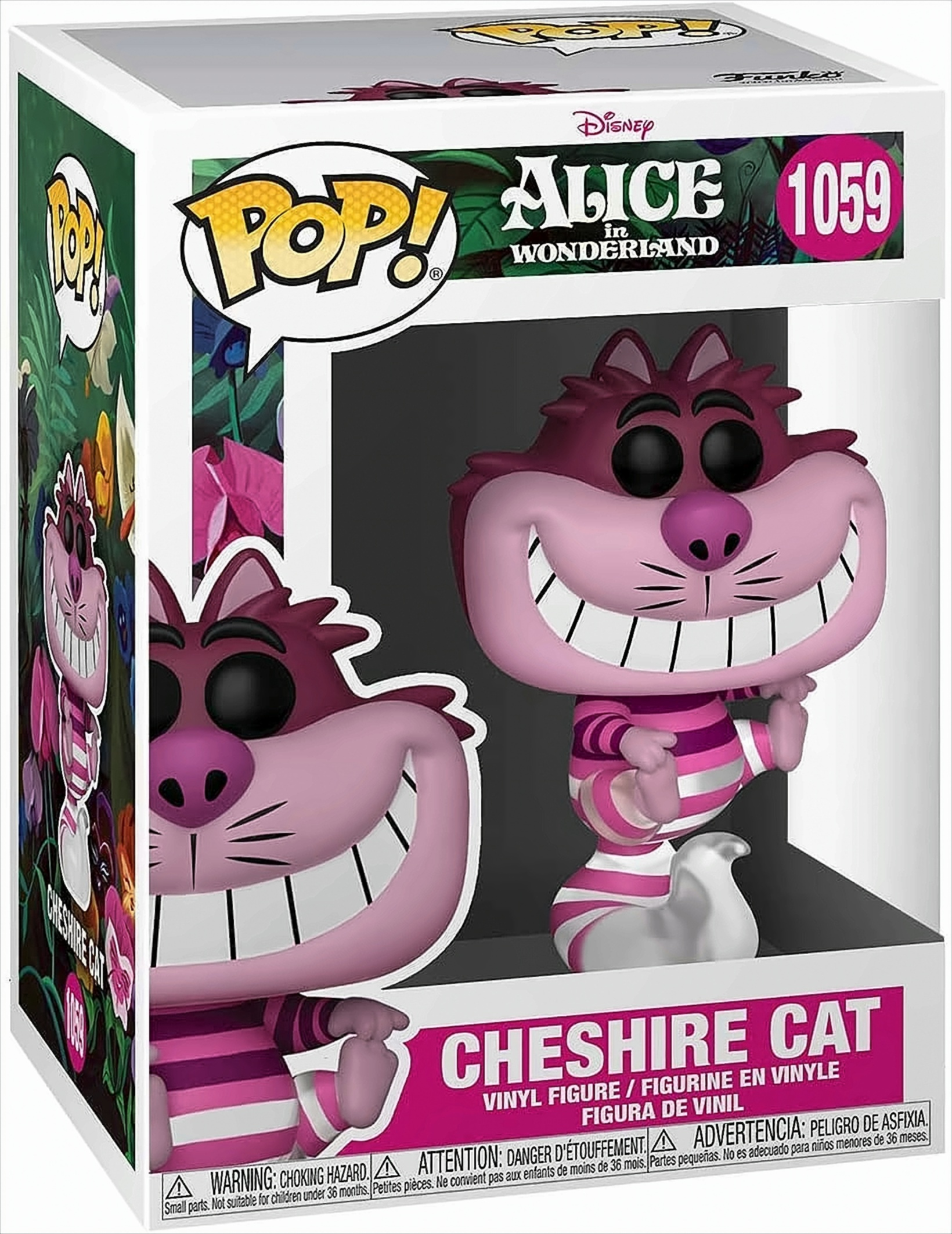 Eine Schachtel mit einer Cheshire Cat-Figur aus Alice im Wunderland. Die Figur ist rosa und lila.