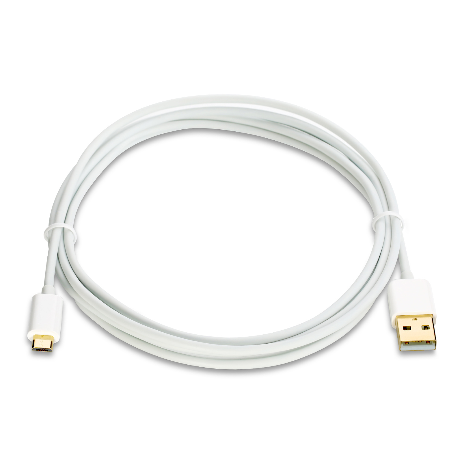 Weißes USB-Kabel mit USB-A- und Micro-USB-Anschlüssen. Isoliert auf weißem Hintergrund.