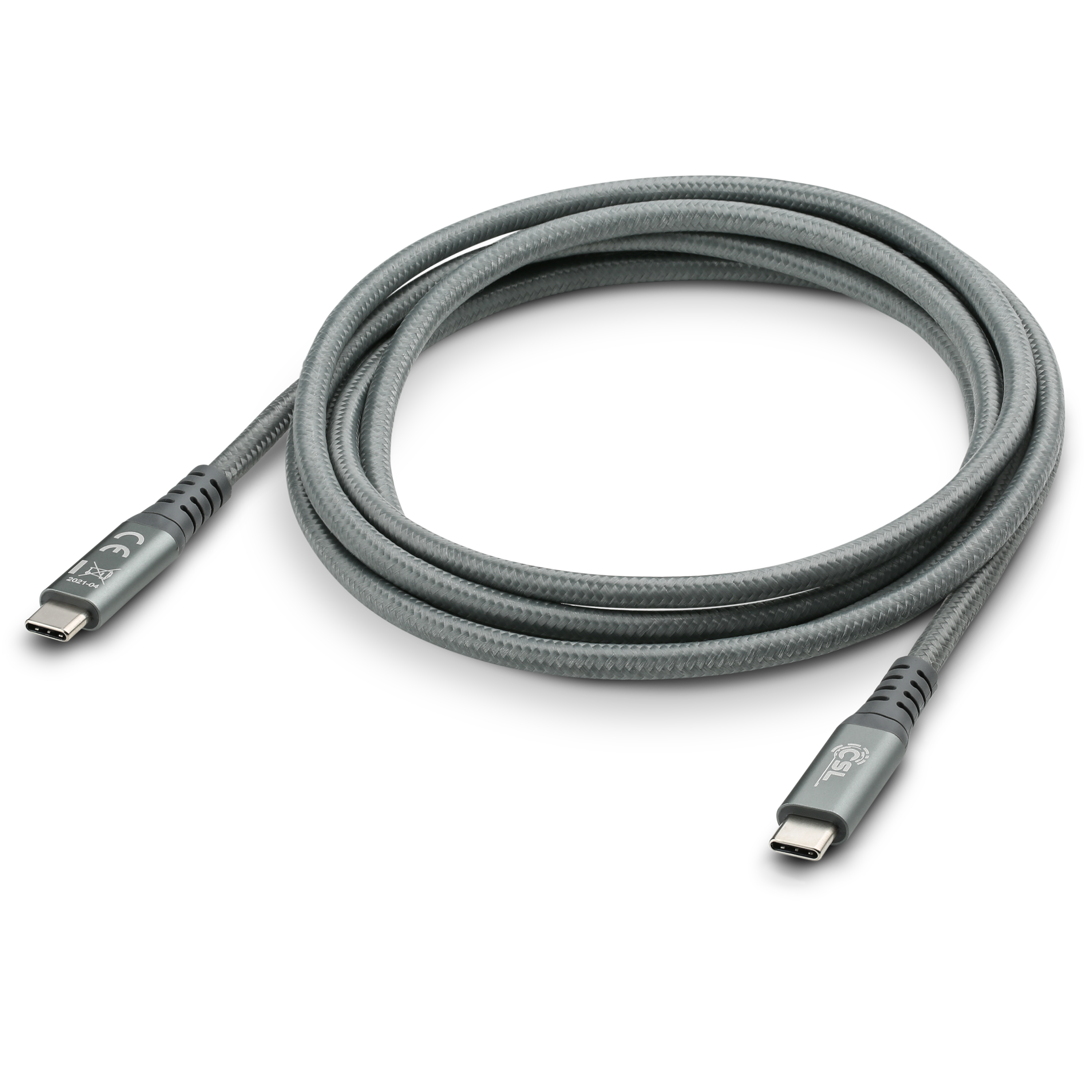 Graues geflochtenes USB-C-Kabel mit Steckern auf schwarzem Hintergrund.