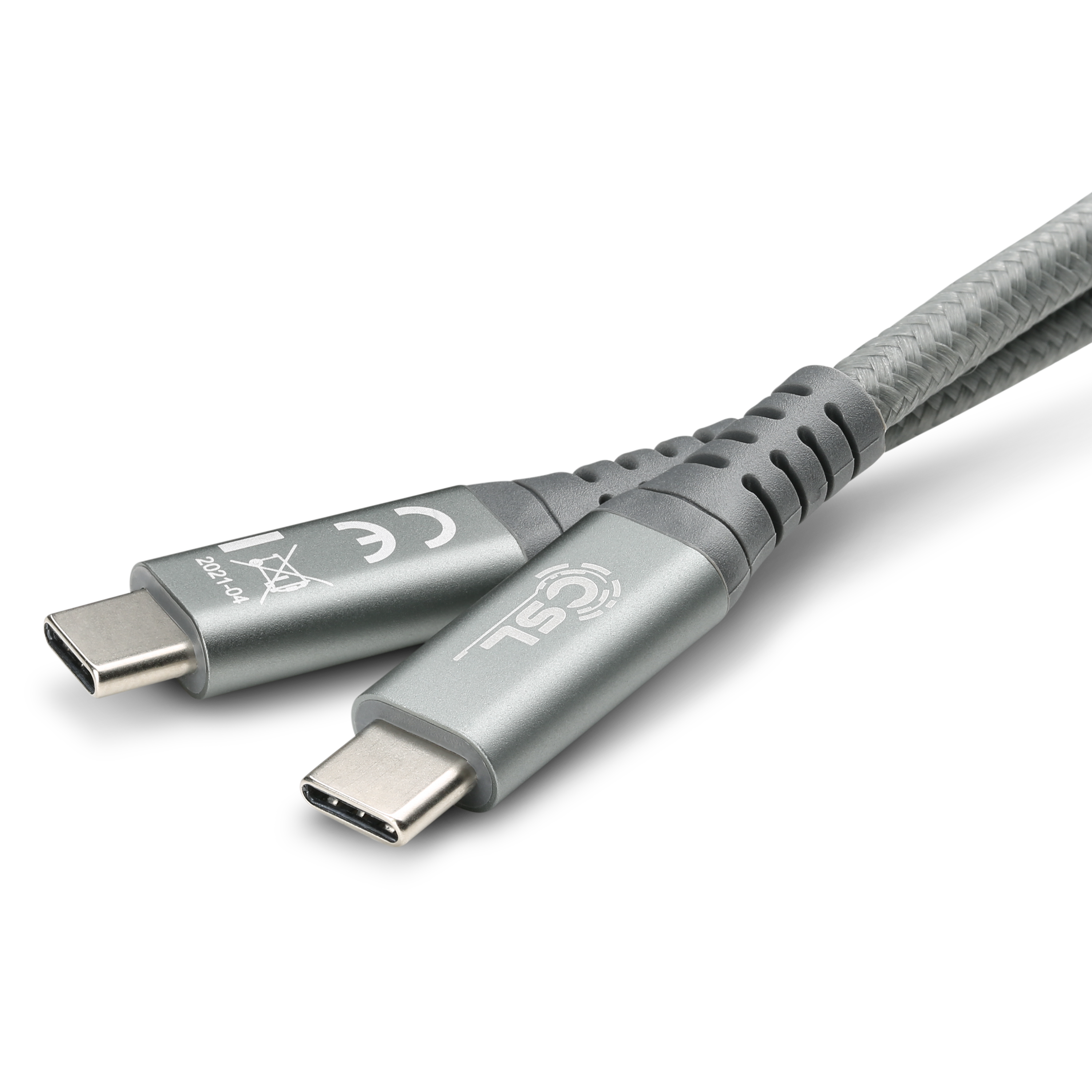 Zwei USB-C-Kabel miteinander verbunden, beide silber und grau.