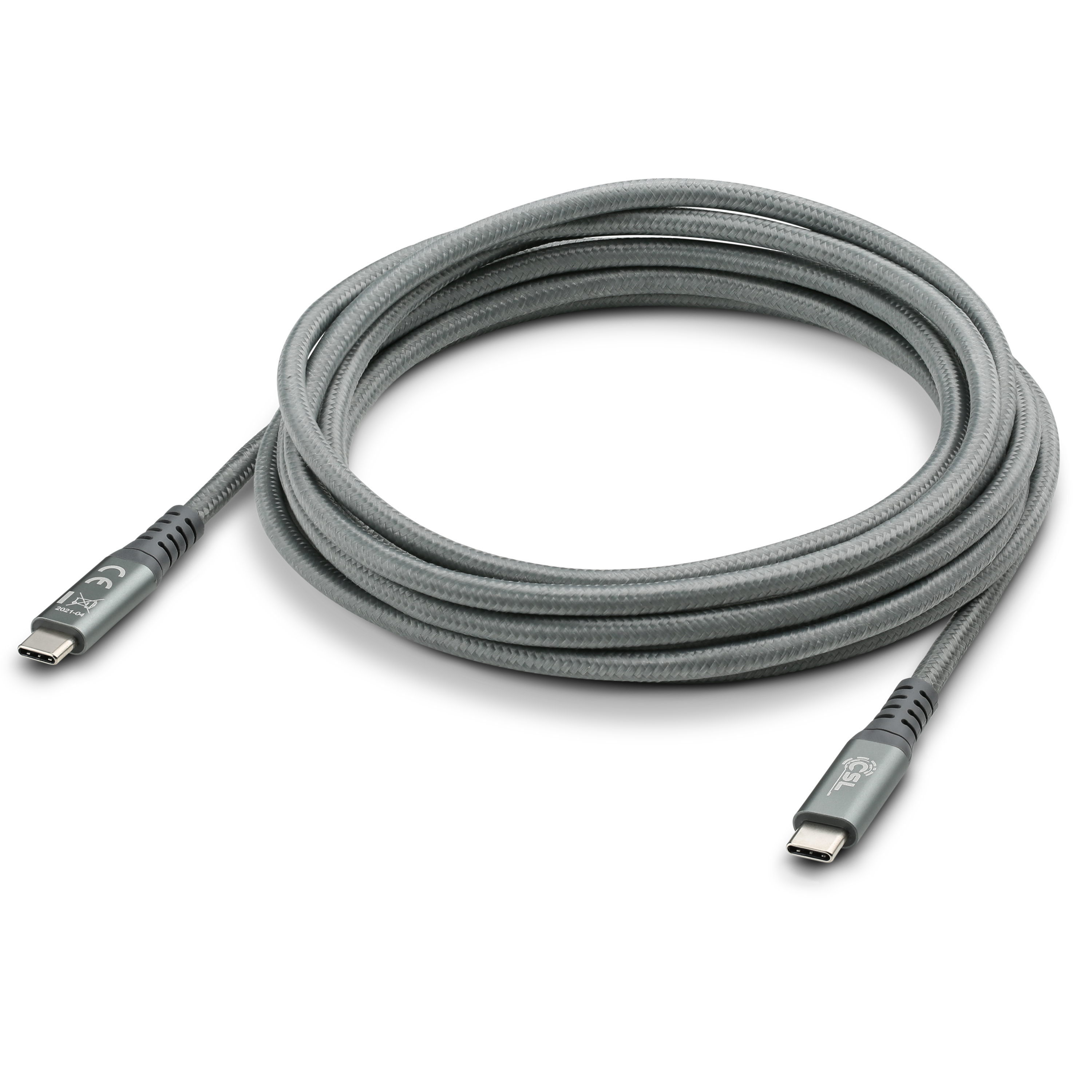 Graues geflochtenes USB-C-Kabel mit Anschlüssen an beiden Enden. Schwarzer Hintergrund.