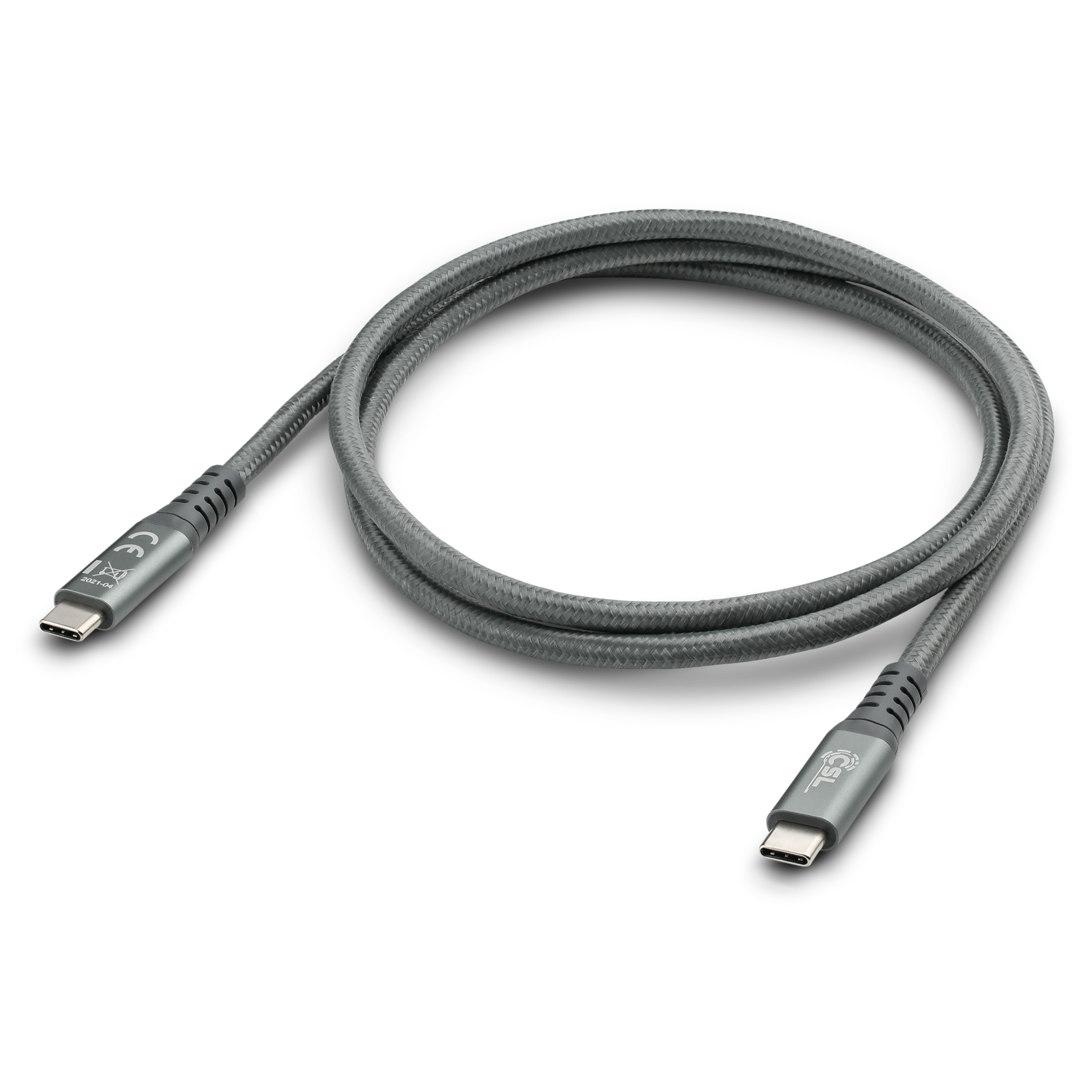 Graues geflochtenes USB-C-Kabel mit Typ-C-Anschlüssen auf schwarzem Hintergrund, Nahaufnahme.