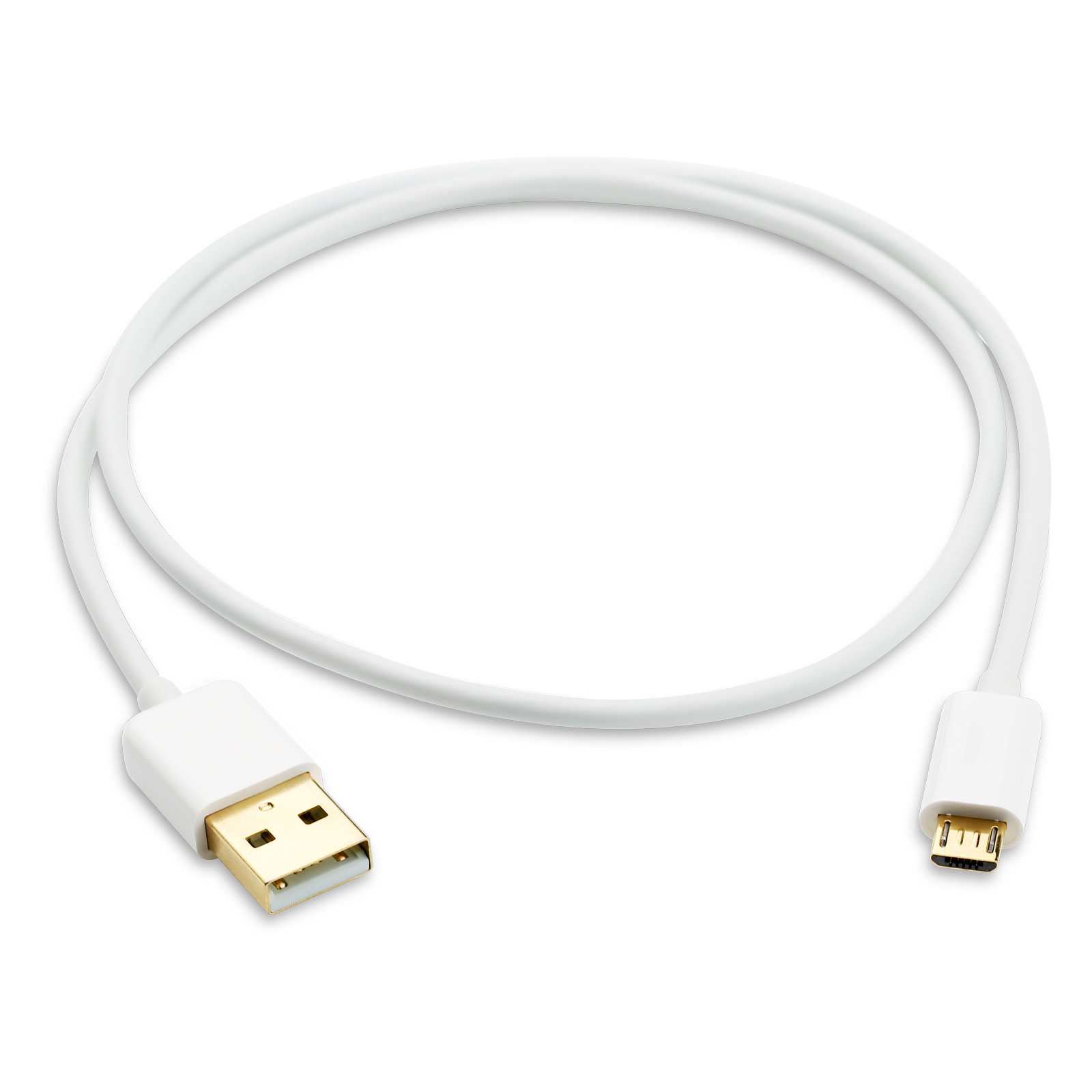 Ein weißes USB-Kabel mit einem Standard-USB-Stecker und einem kleineren Micro-USB-Stecker vor weißem Hintergrund.