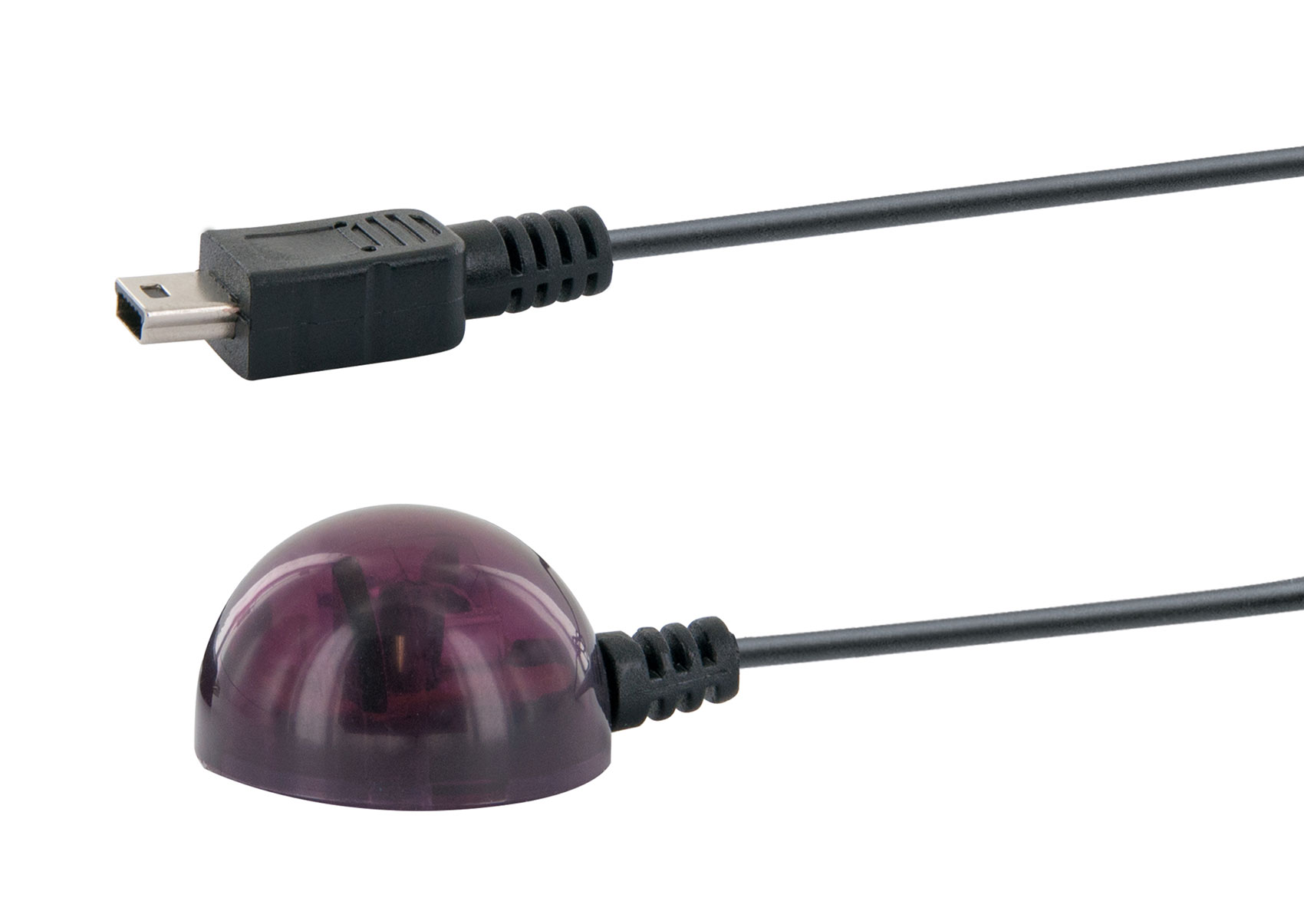 Nahaufnahme eines schwarzen USB-Kabels mit schwarzem Stecker und einem lila, abgerundeten Sensorkopf.