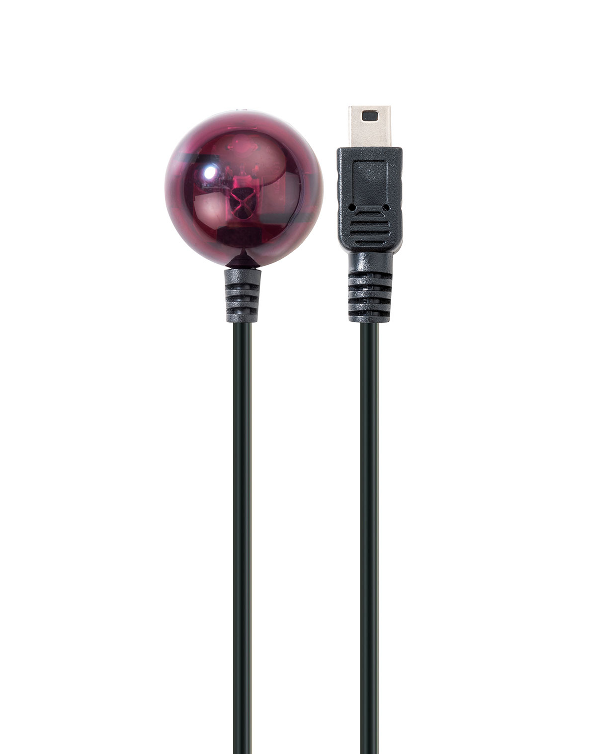 Ein schwarzes USB-Kabel mit rotem, kugelförmigem Ende und USB-Anschluss.