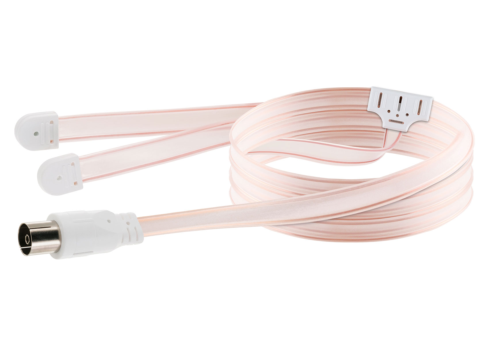 Weißes Antennenkabel mit zwei Enden und einem Stecker. Weißer Hintergrund.