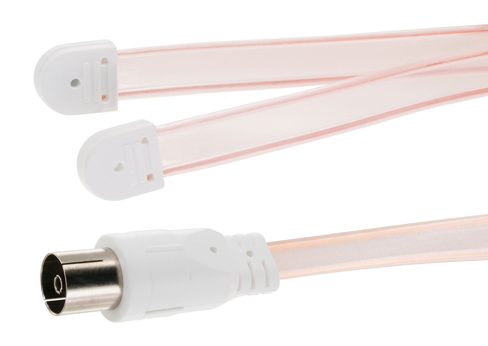 Zwei rosa Antennenkabel mit weißem Stecker und Stecker.