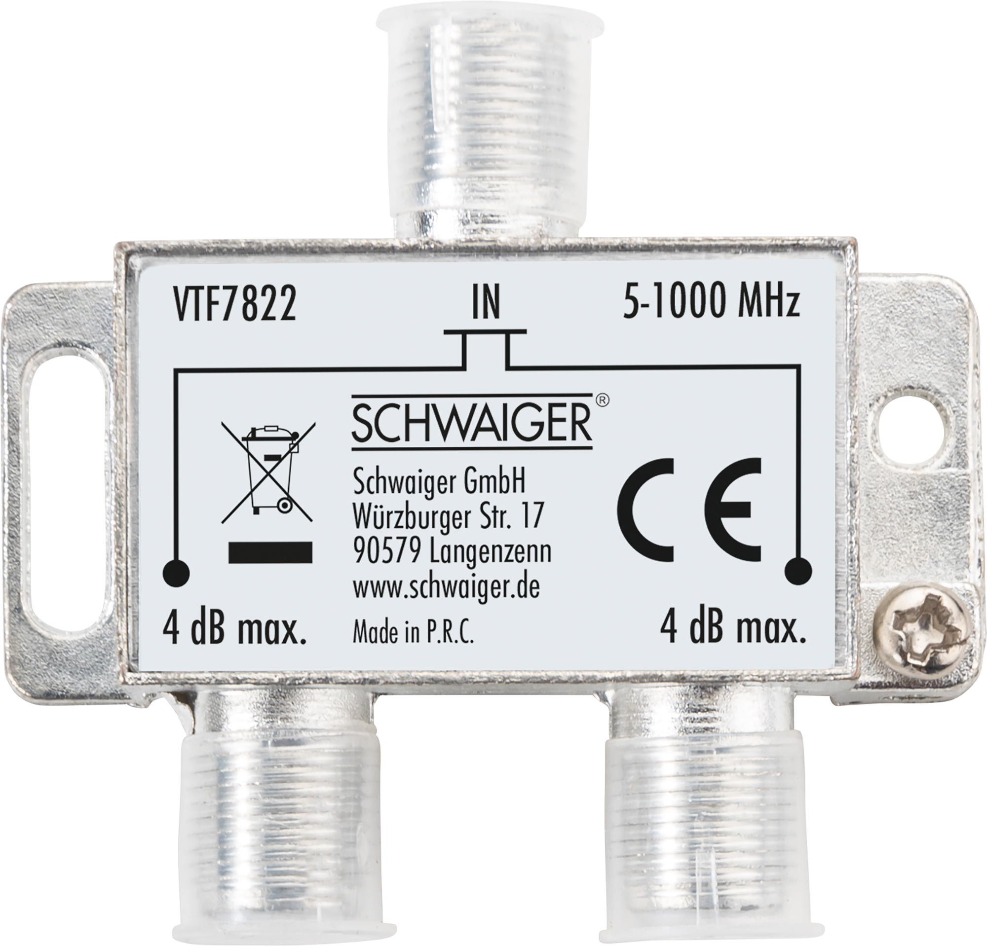 Ein metallischer Koaxialkabel-Splitter. Text auf dem Splitter. Weißer Hintergrund.