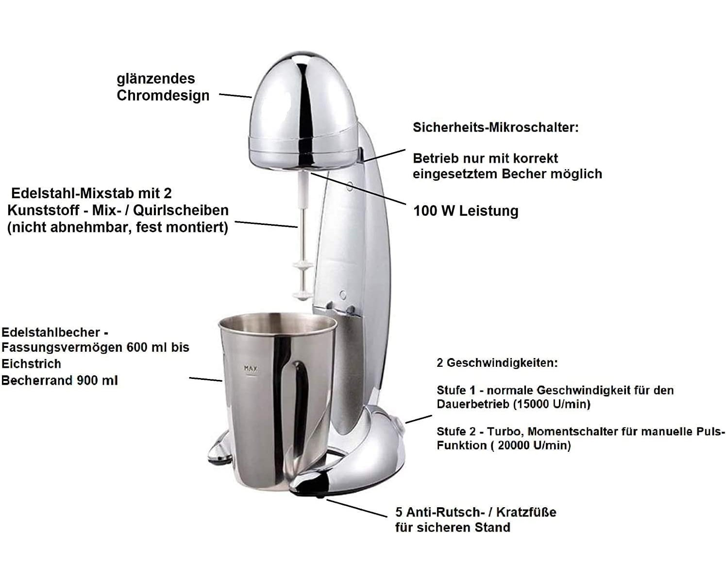 Ein Chrom-Milchshake-Maker mit einem Edelstahlbecher und einem Etikett, das die maximale Füllmenge anzeigt.