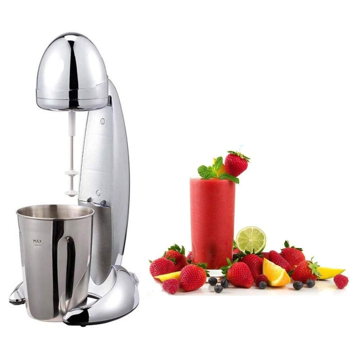 Ein Milchshake-Maker neben einem Glas roter Smoothie mit Erdbeeren, Zitrone und Minze.