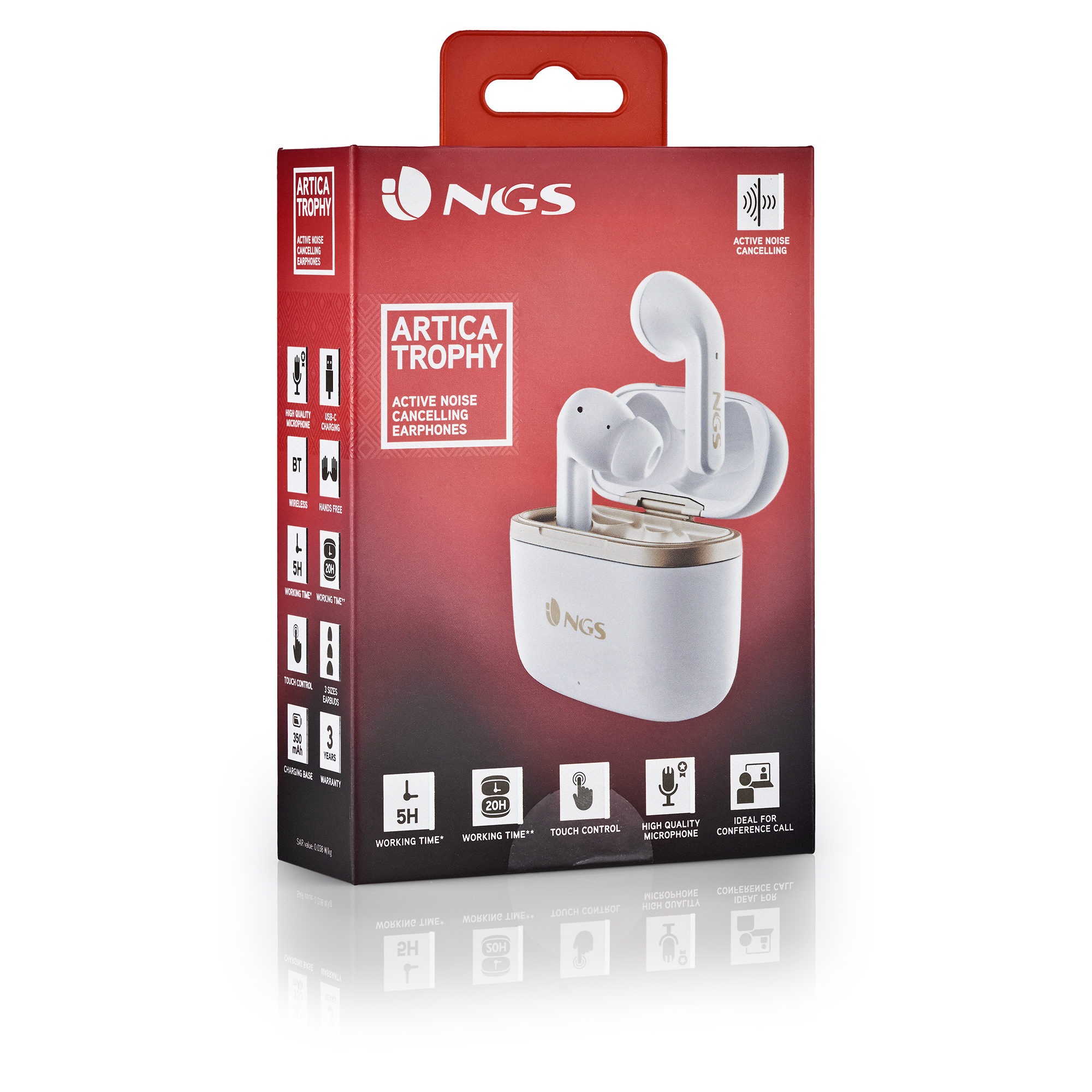 Weiße und goldene NGS Artica Trophy Kopfhörerbox, zeigt Ohrhörer, Ladecase und Funktionen.
