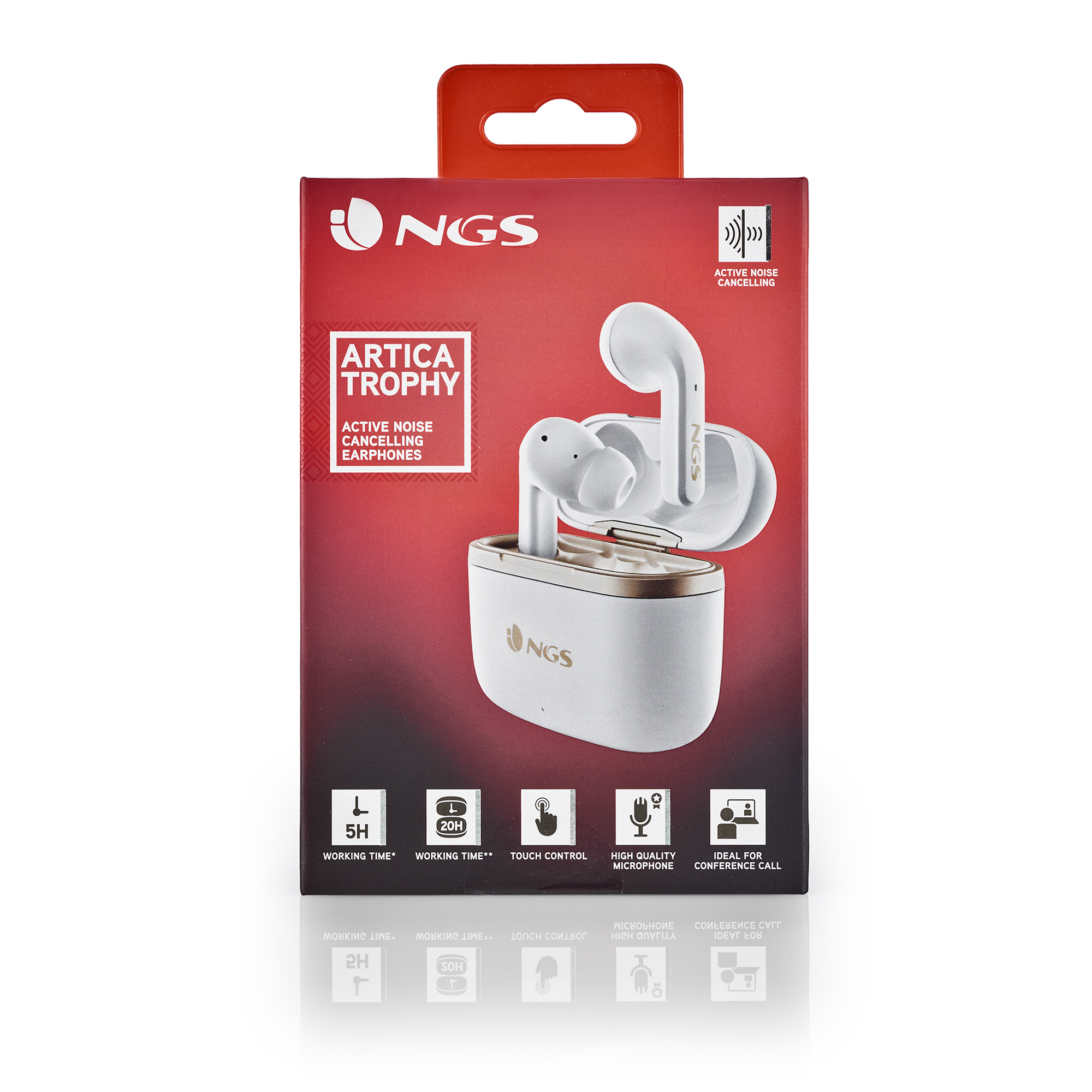 Eine Schachtel mit NGS Artica Trophy Active Noise Cancelling Kopfhörern, mit Arbeitszeit und Funktionen.