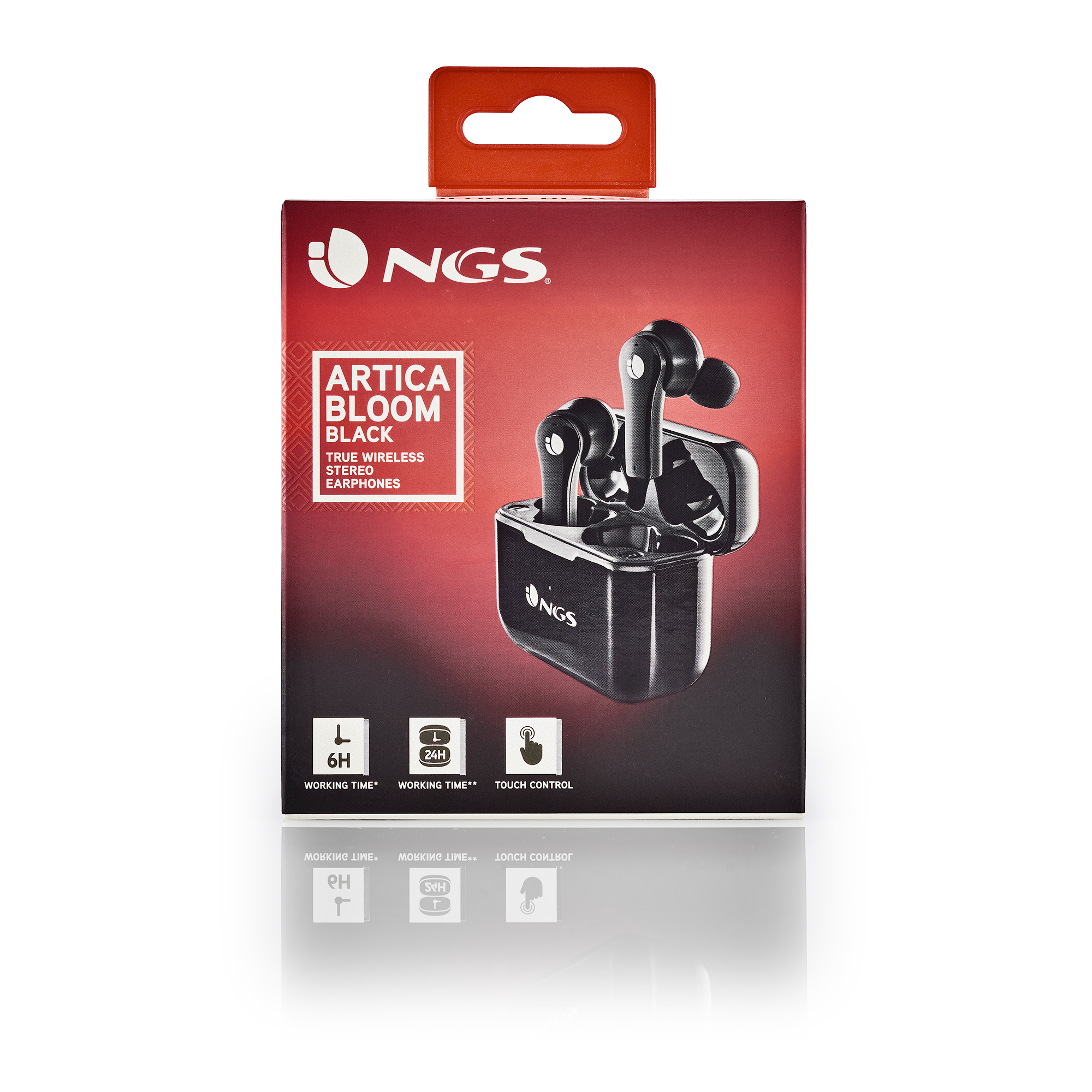 Schachtel mit schwarzen NGS Artica Bloom Ohrhörern. Die Schachtel ist rot und schwarz, mit den Ohrhörern.
