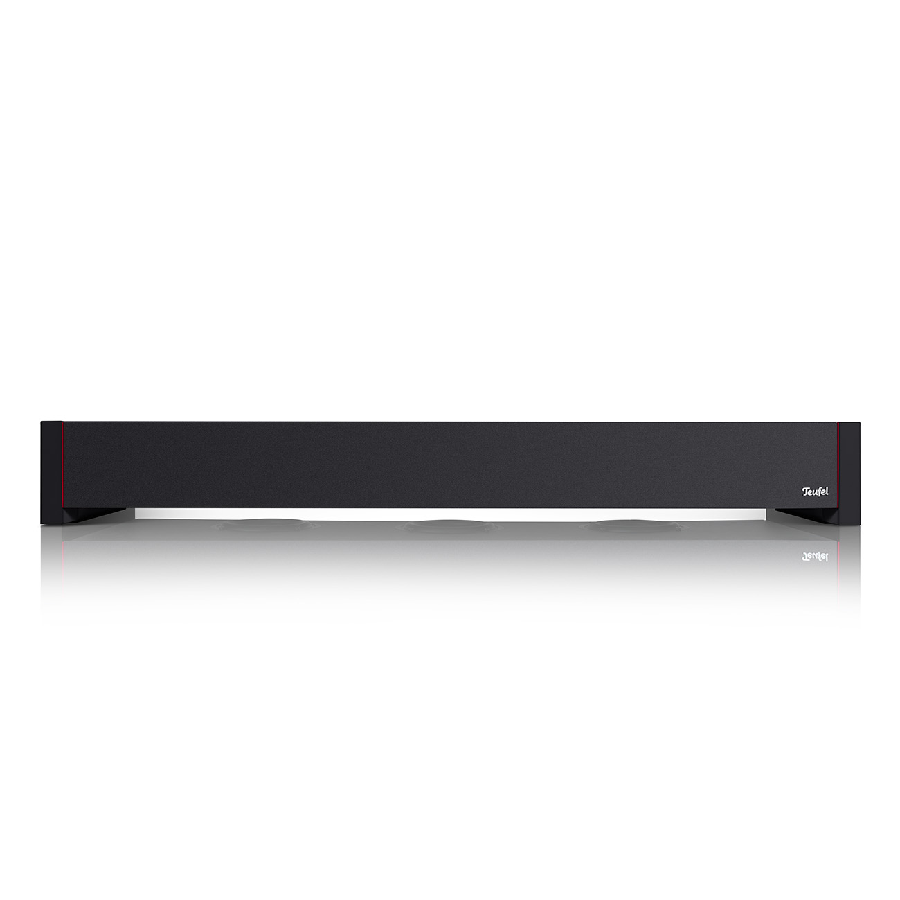 Schwarze Soundbar mit roter Akzentlinie. Teufel-Logo auf der rechten Seite.
