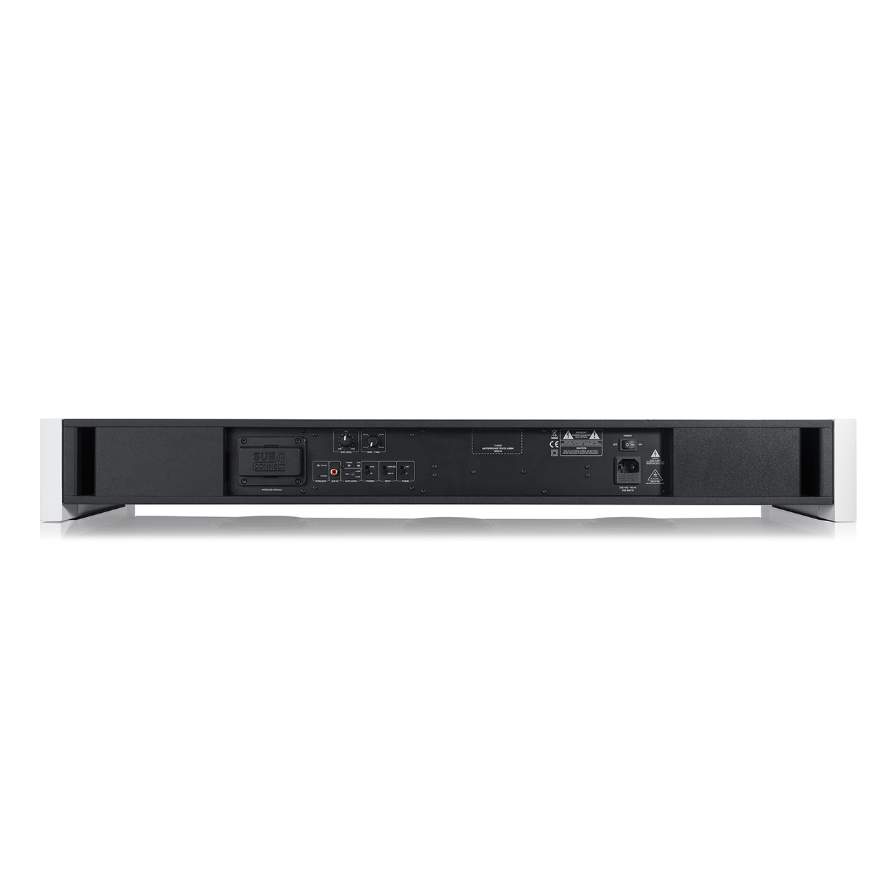 Die Rückseite einer Soundbar. Sie hat verschiedene Anschlüsse und Bedienelemente mit einer weißen Oberseite und einem schwarzen Boden.
