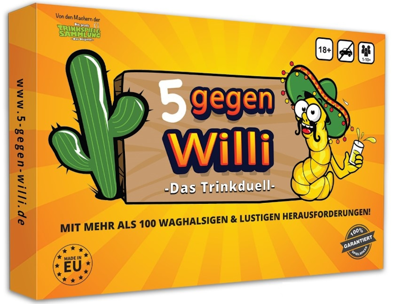 Eine Schachtel mit dem Spieltitel '5 gegen Willi' mit Kaktus und Wurm im Sombrero.