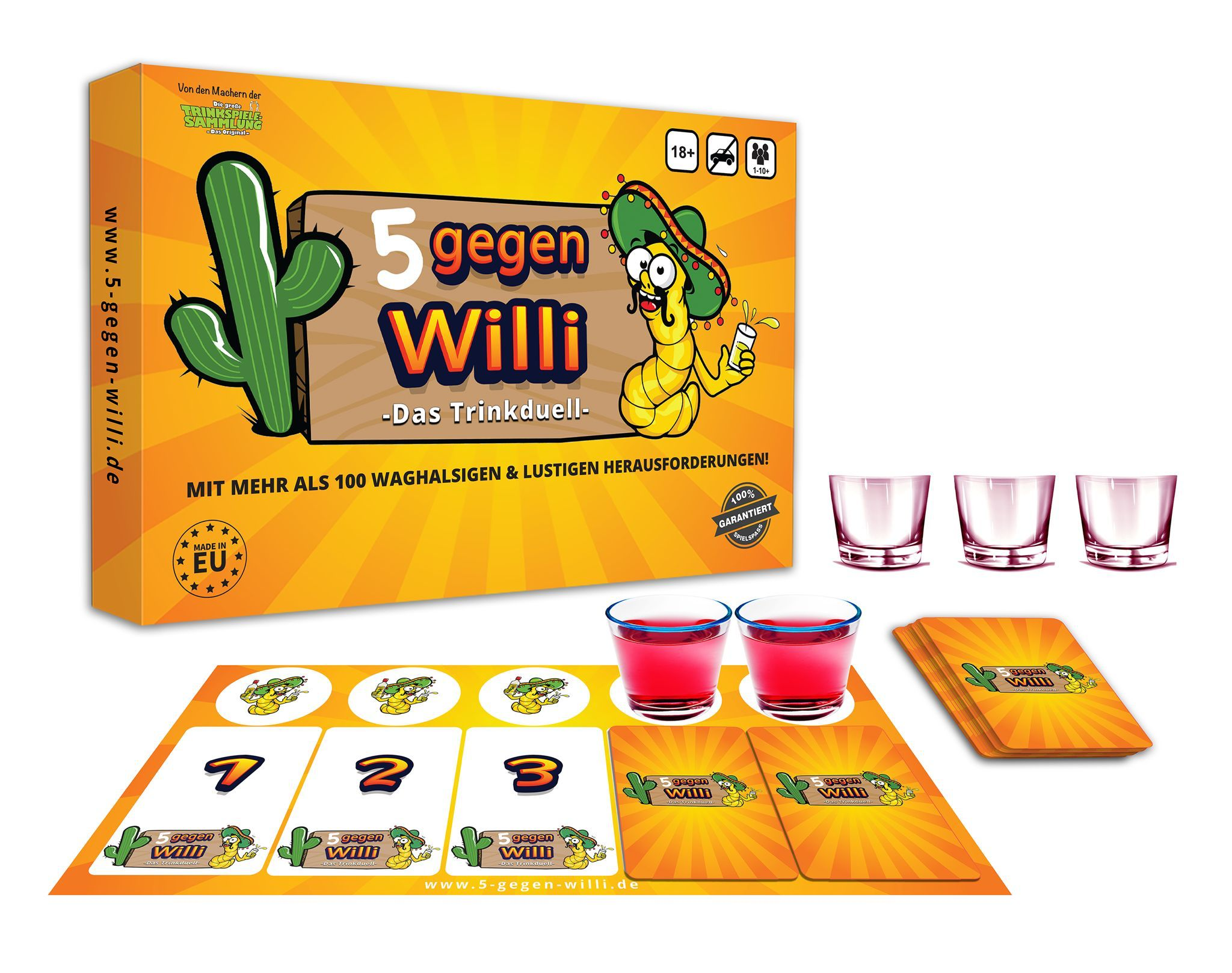 Ein Brettspiel mit Karten, Schnapsgläsern und einer Kaktus-Box.