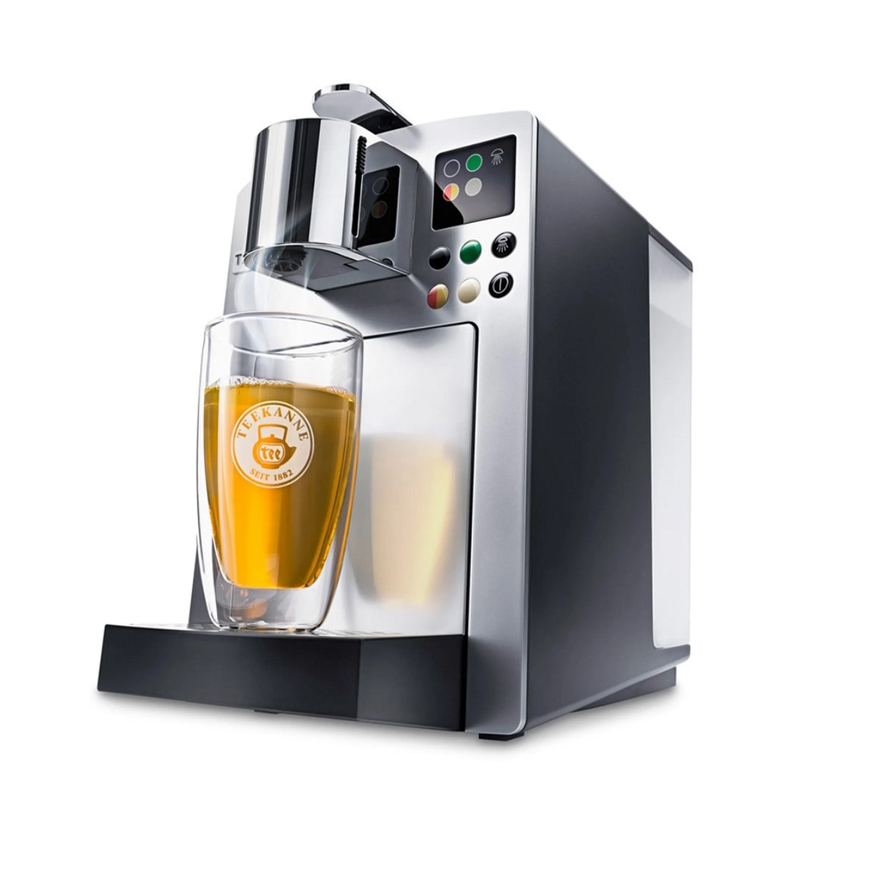 Eine Edelstahl-Teemaschine mit einem Glas Tee und einem Logo auf weißem Hintergrund.
