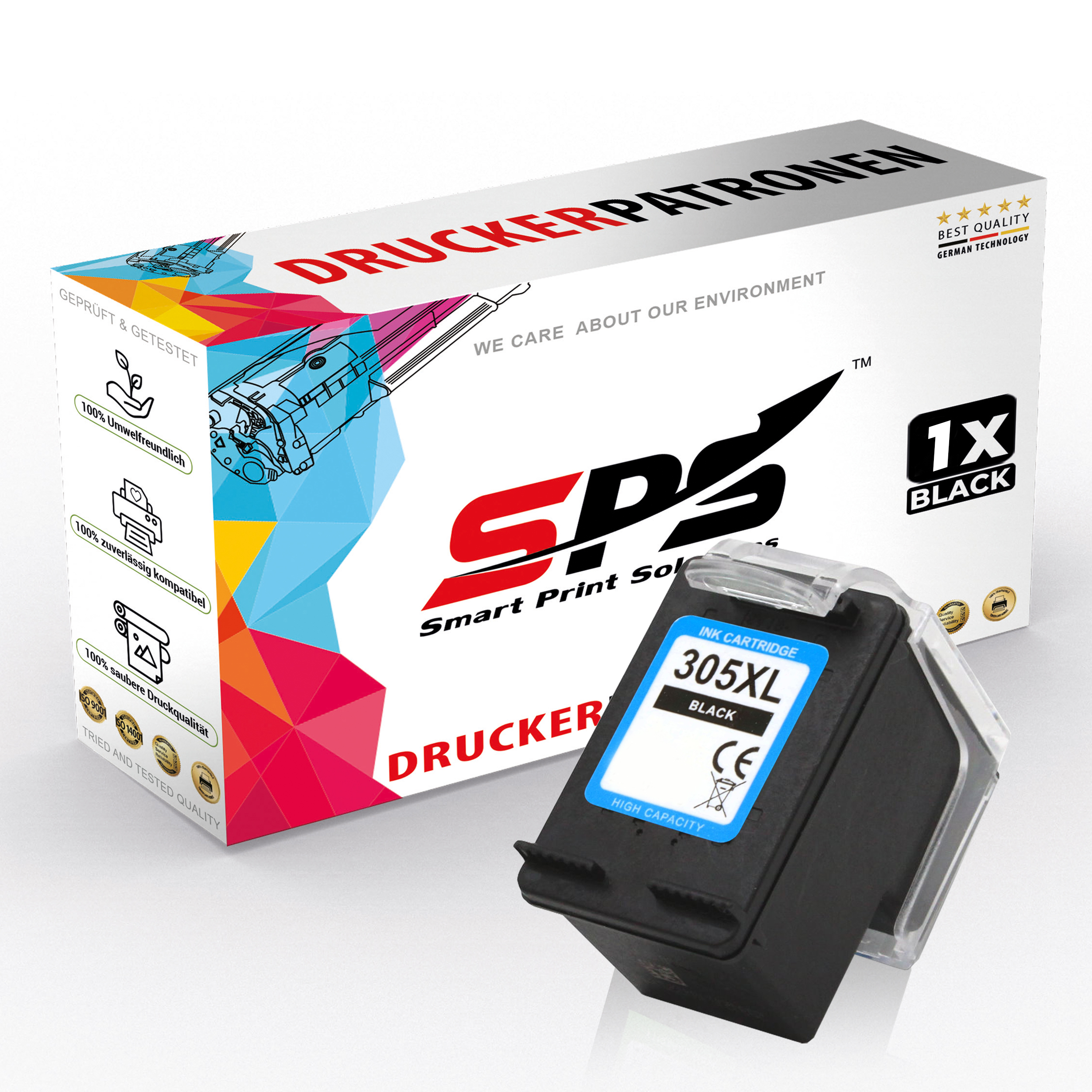 Tintenpatronenbox und schwarze Patrone. Die Box hat Text und Logos.