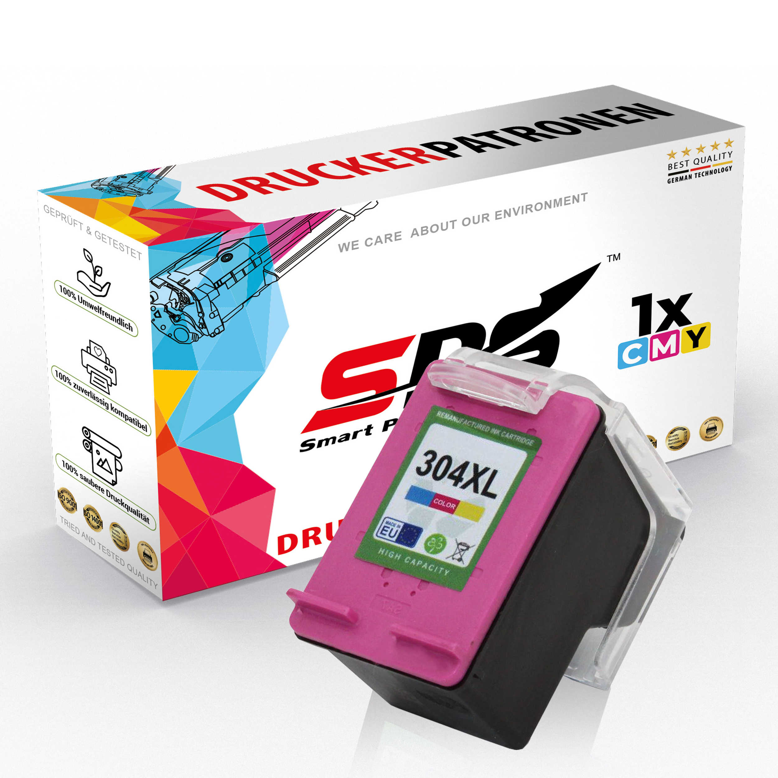 Tintenpatronenbox und eine rosa Patrone. Die Box hat Text und Logos.