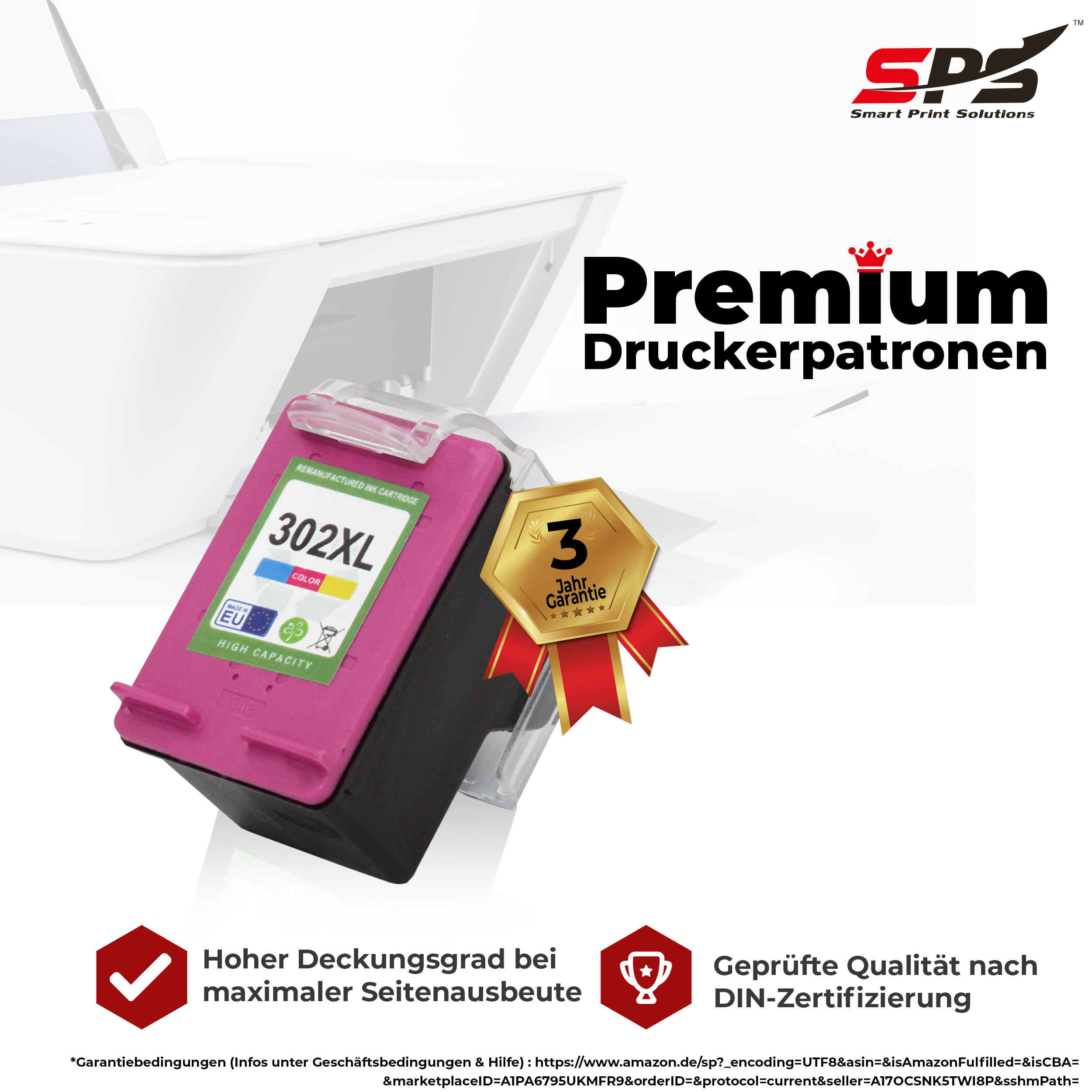 Rosa Tintenpatrone in einem Drucker mit '302XL COLOR' Etikett, mit Text über hohe Ergiebigkeit.